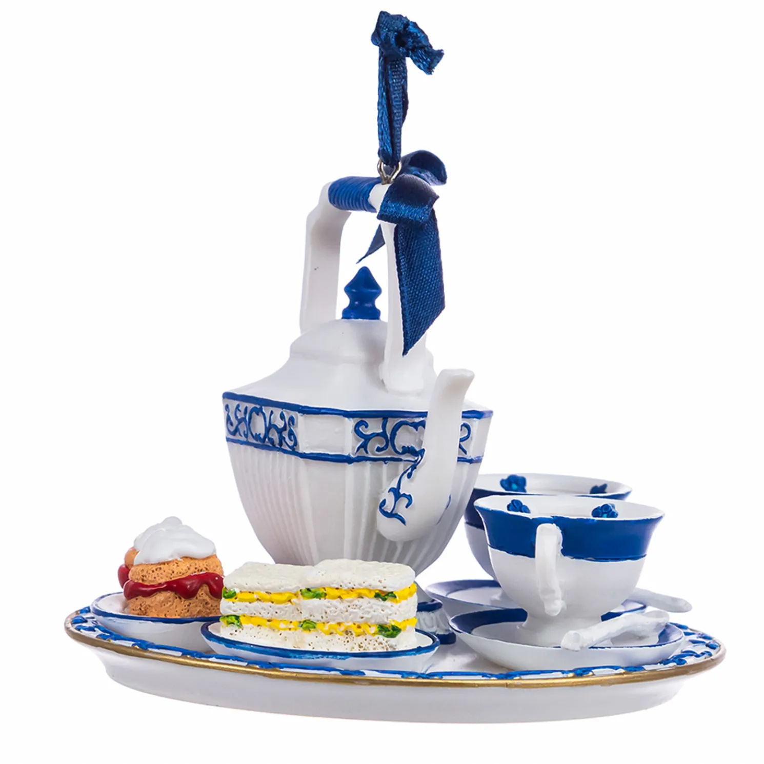 4" Blue and White Delft Teapot Tray Christmas Ornament E0773