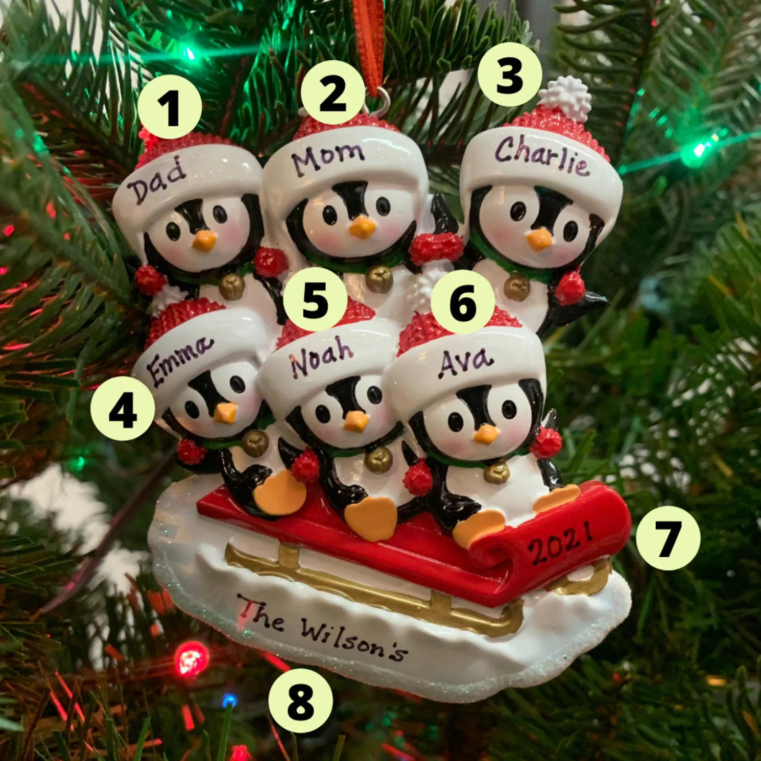 4.5" Family of 6 Penguins on Sled Personalized Christmas Ornament OR1915-6