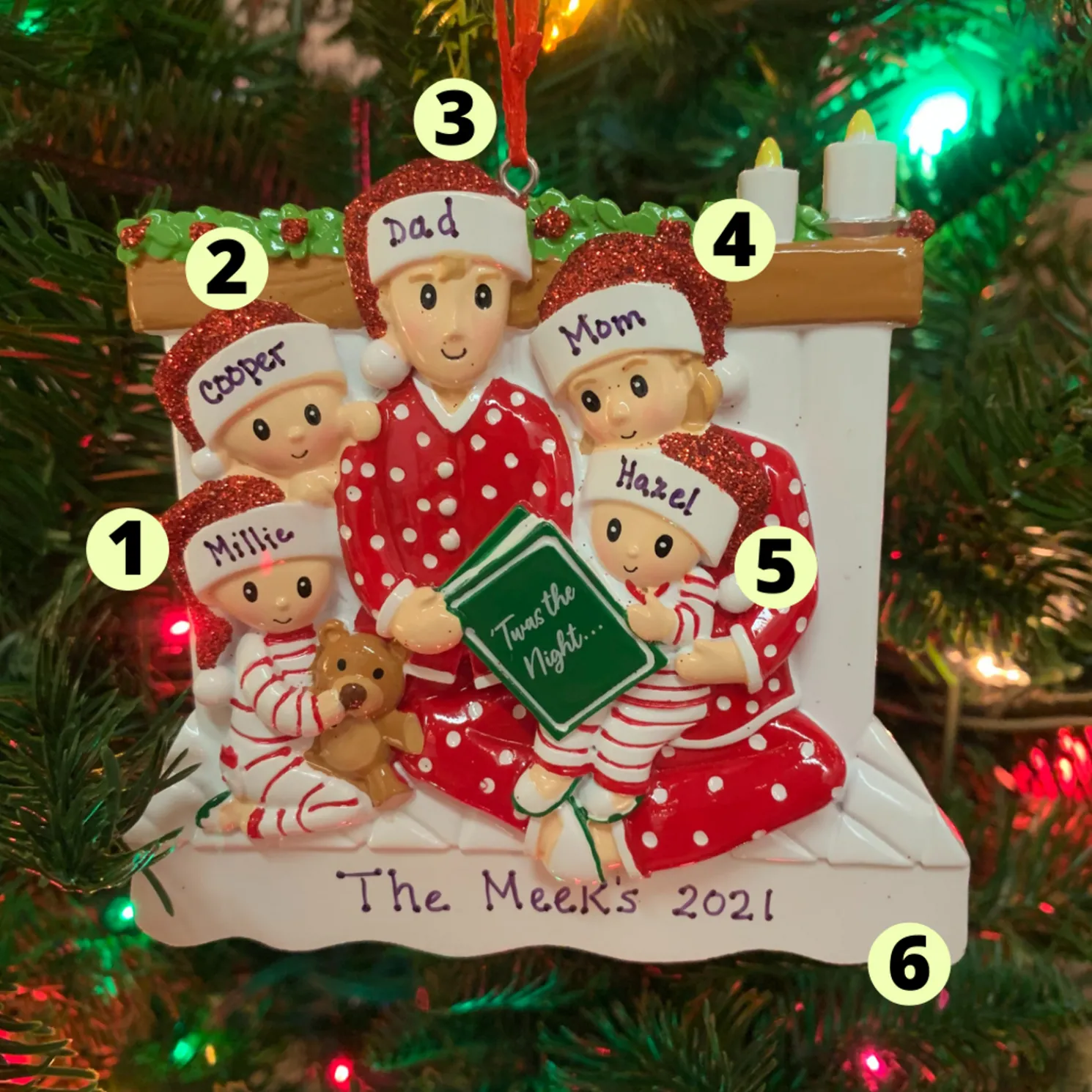 4.5" Family of 5 Reading in Bed Personalized Christmas Ornament OR2025-5
