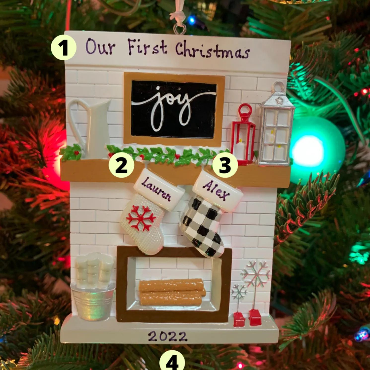 5" Fireplace Mantle Couple Stockings Personalized Christmas Ornament OR2030-2