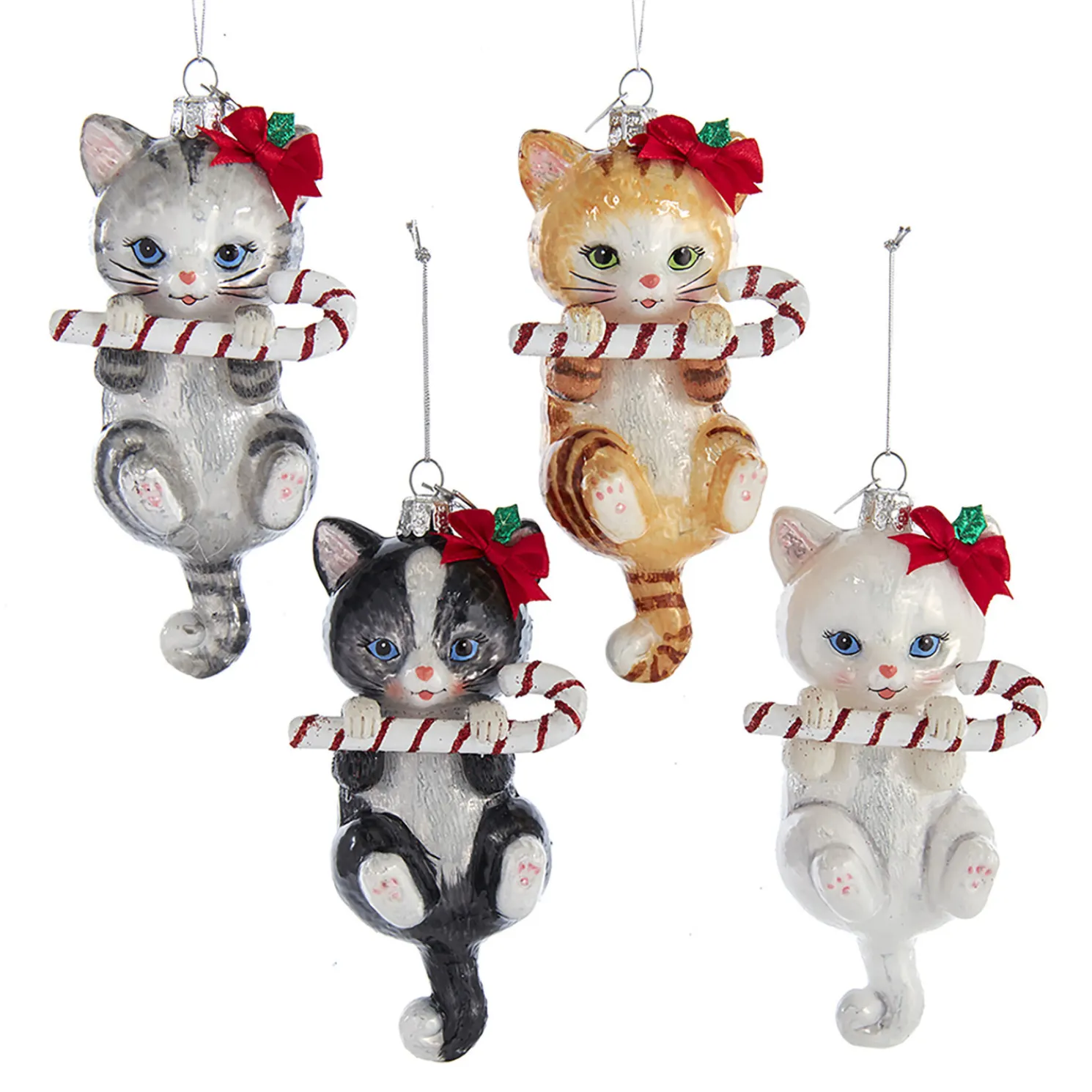 5" Noble Gems Cat With Candy Cane Glass Christmas Ornament NB1668