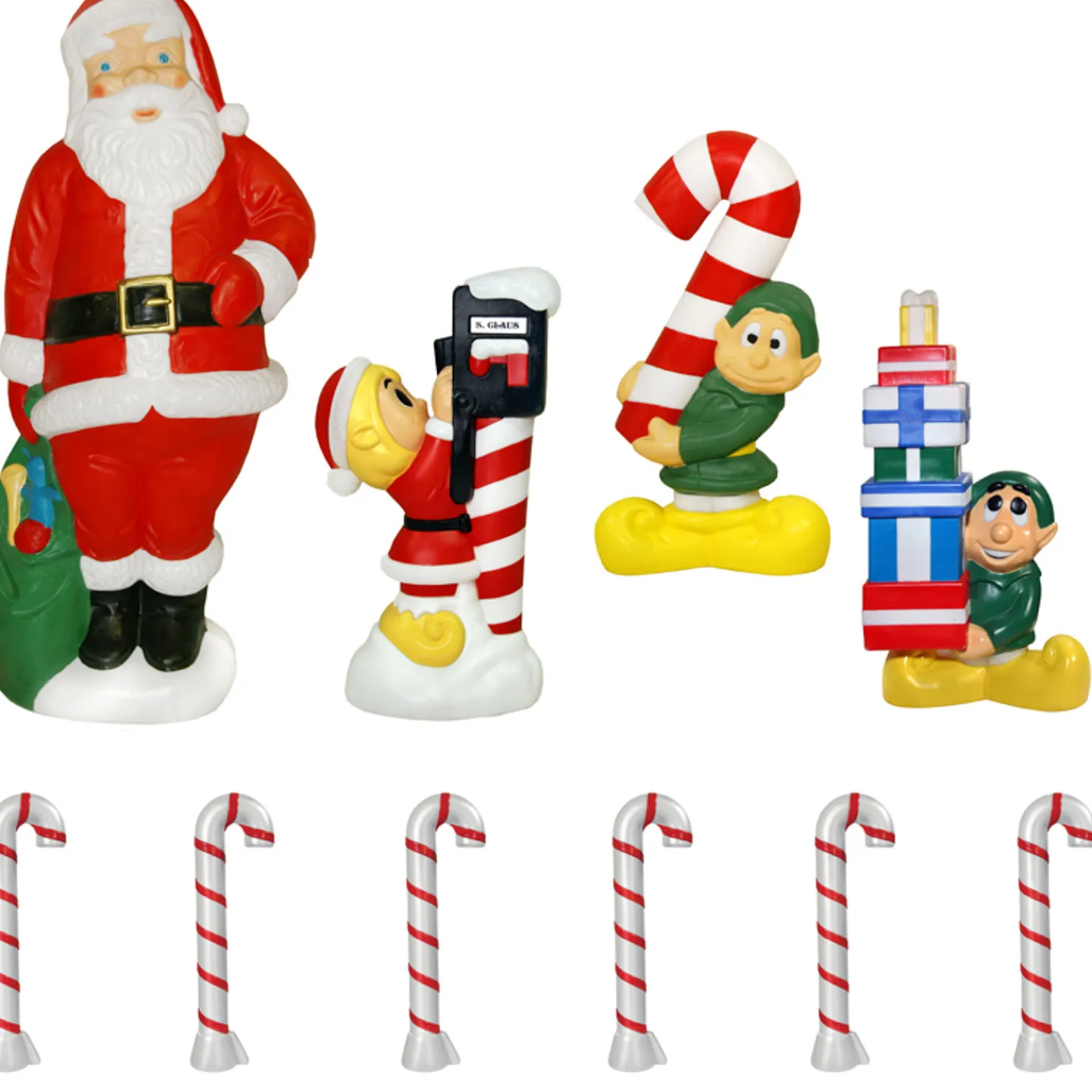 60" Santa and Elf 10 Piece Lighted Christmas Blow Mold Set