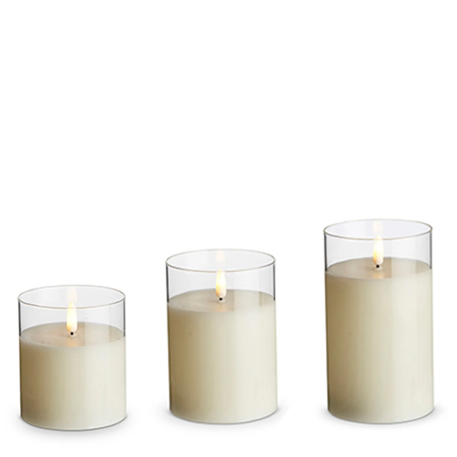 3.5" x 4", 5", or 6" Ivory Pillar Battery Operated Flickering Candle In Clear Glass