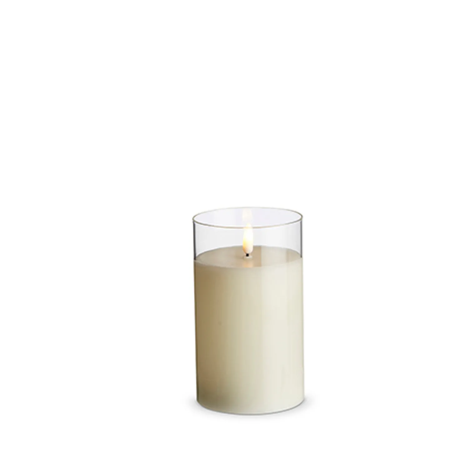 3.5" x 4", 5", or 6" Ivory Pillar Battery Operated Flickering Candle In Clear Glass