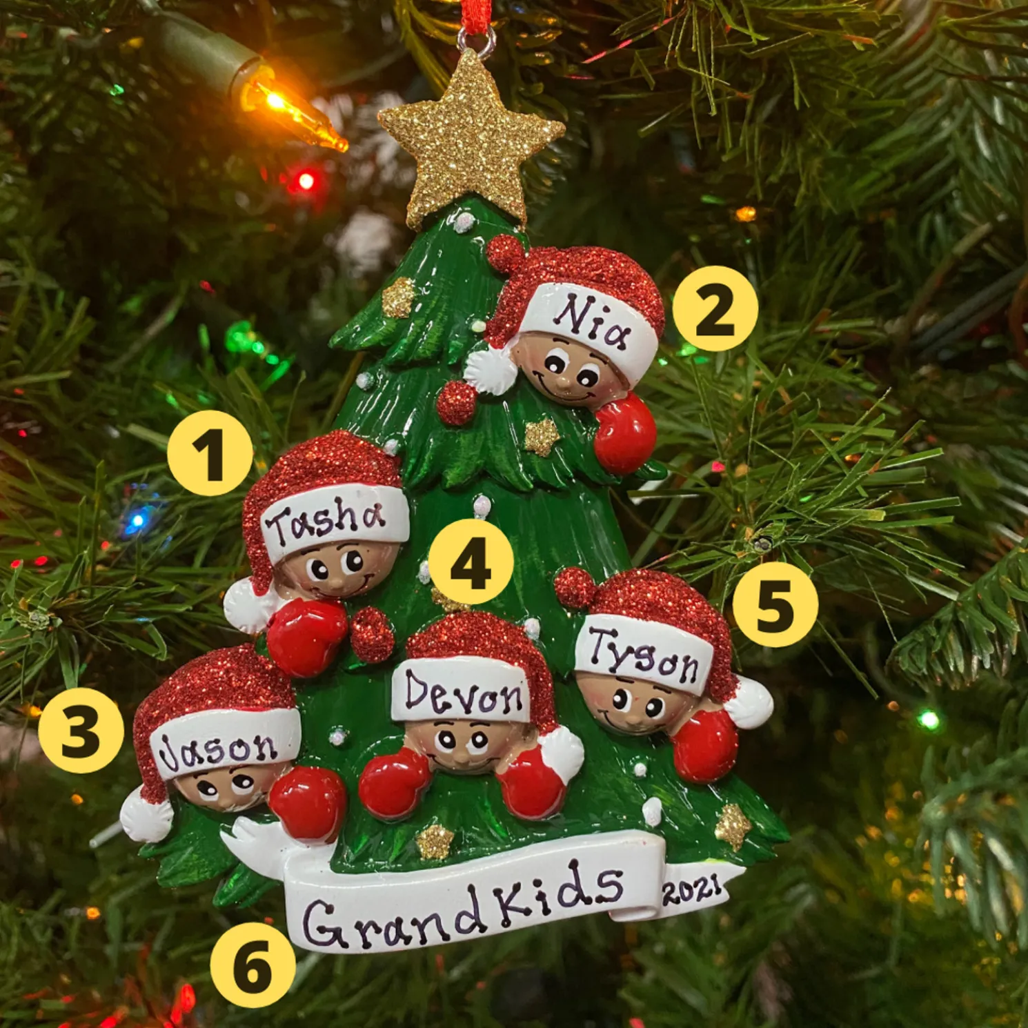 African American Christmas Tree Family of 5 Personalized Christmas Ornament AA827-5