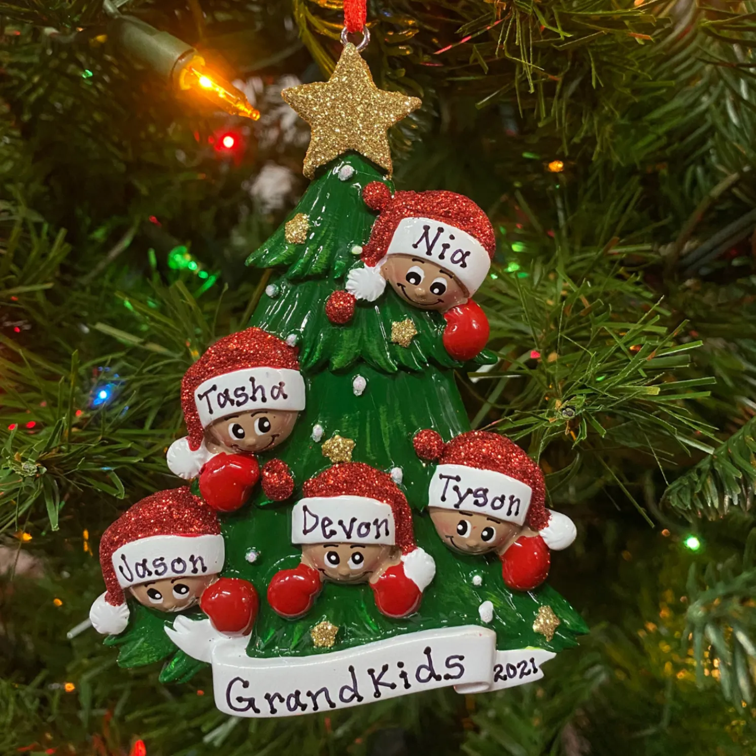 African American Christmas Tree Family of 5 Personalized Christmas Ornament AA827-5