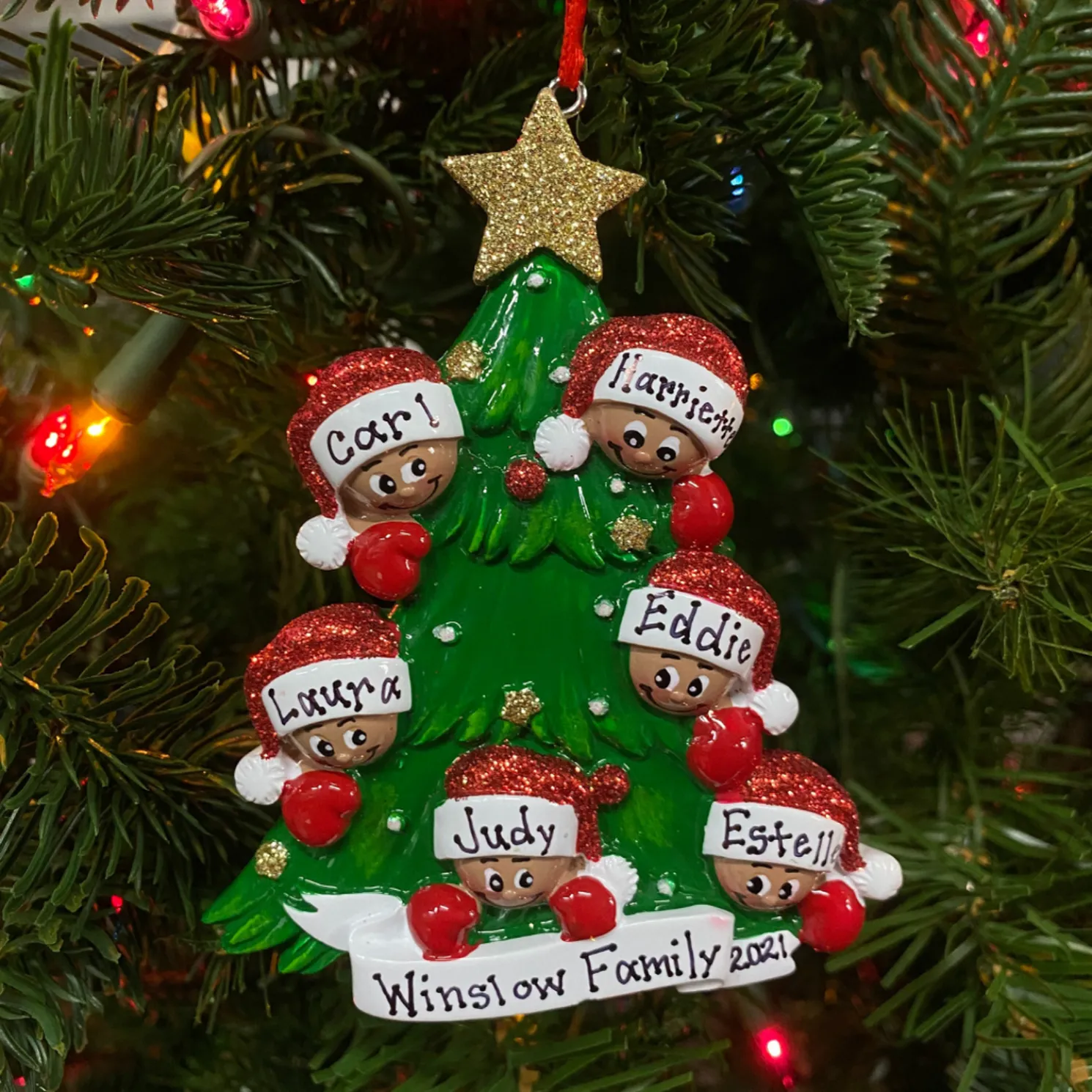 African American Christmas Tree Family of 6 Personalized Christmas Ornament AA827-6