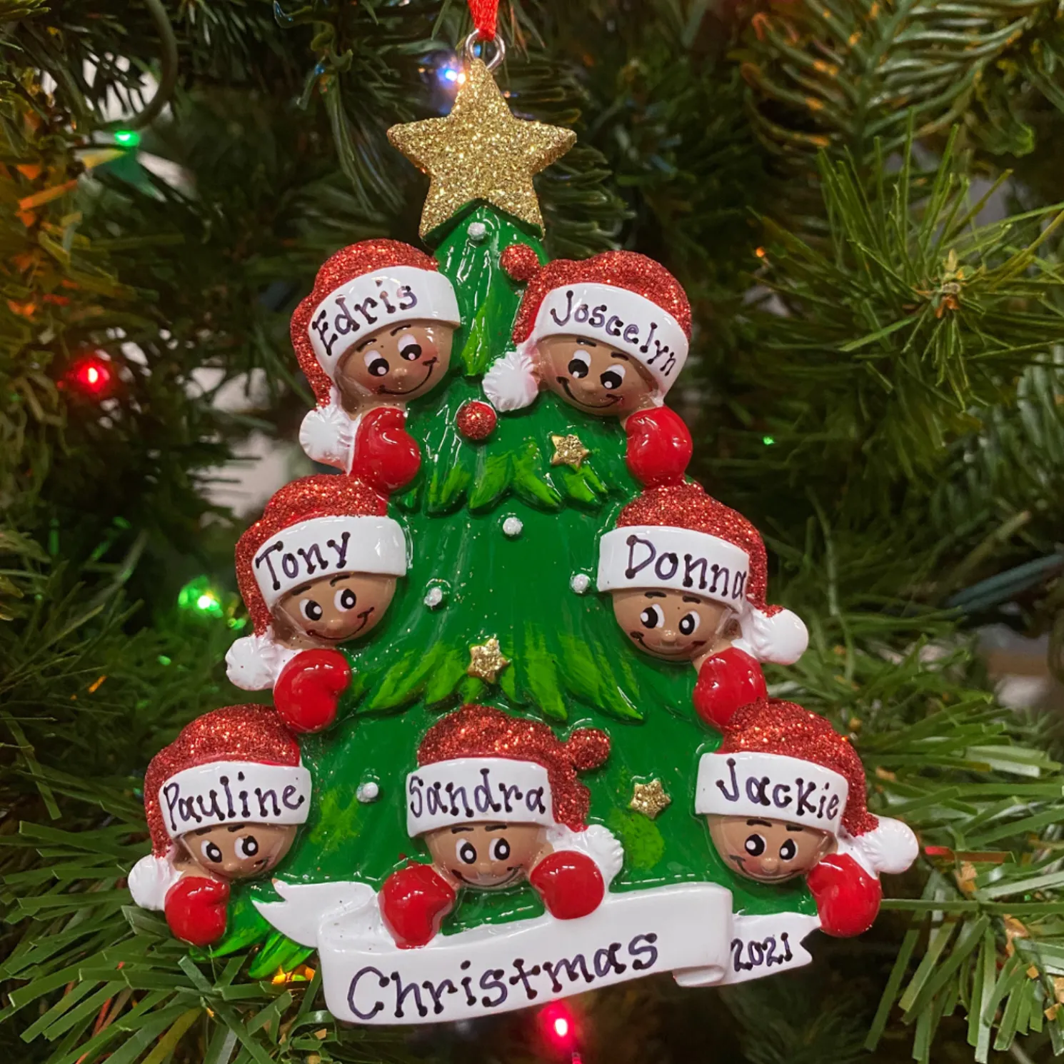 African American Christmas Tree Family of 7 Personalized Christmas Ornament AA827-7