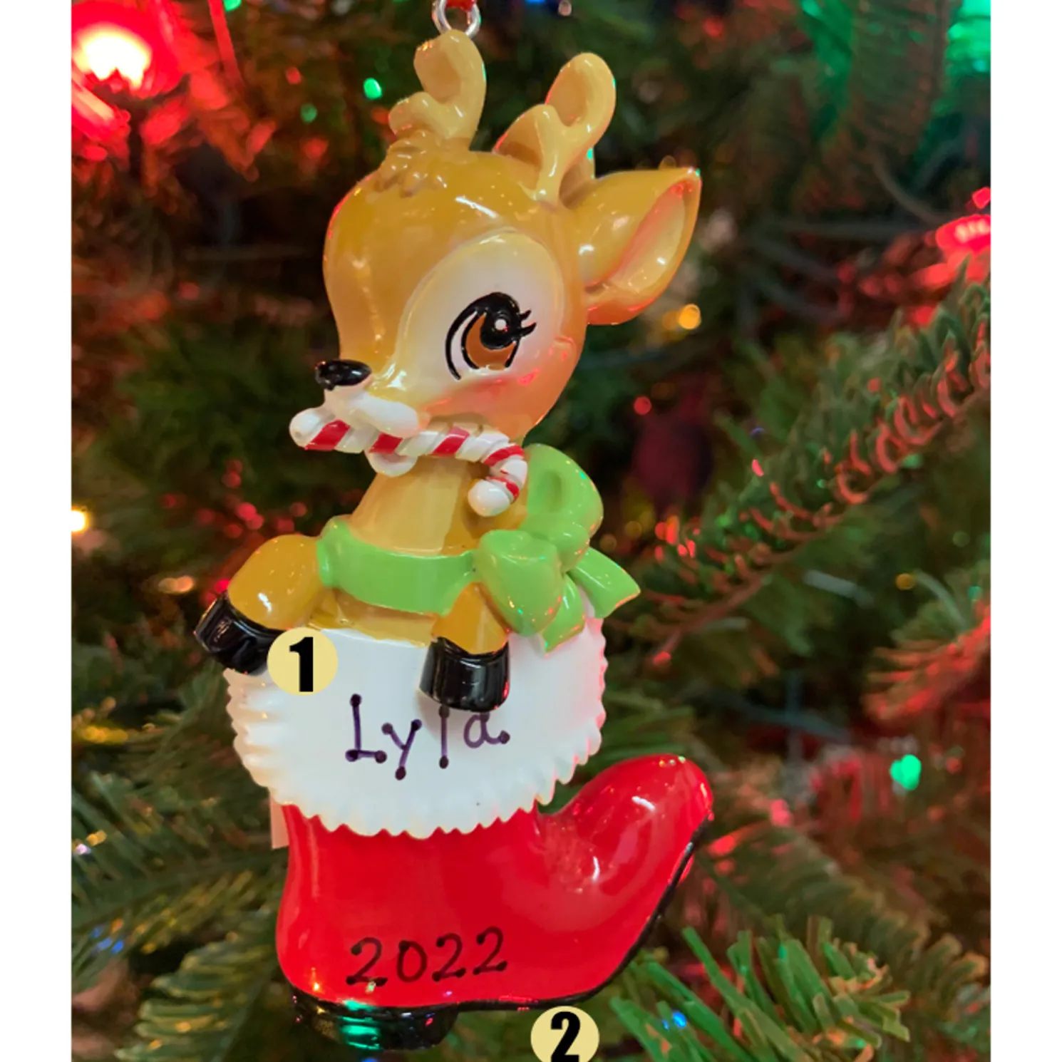Baby Deer in Boot Personalized Christmas Ornament OR2393-RG