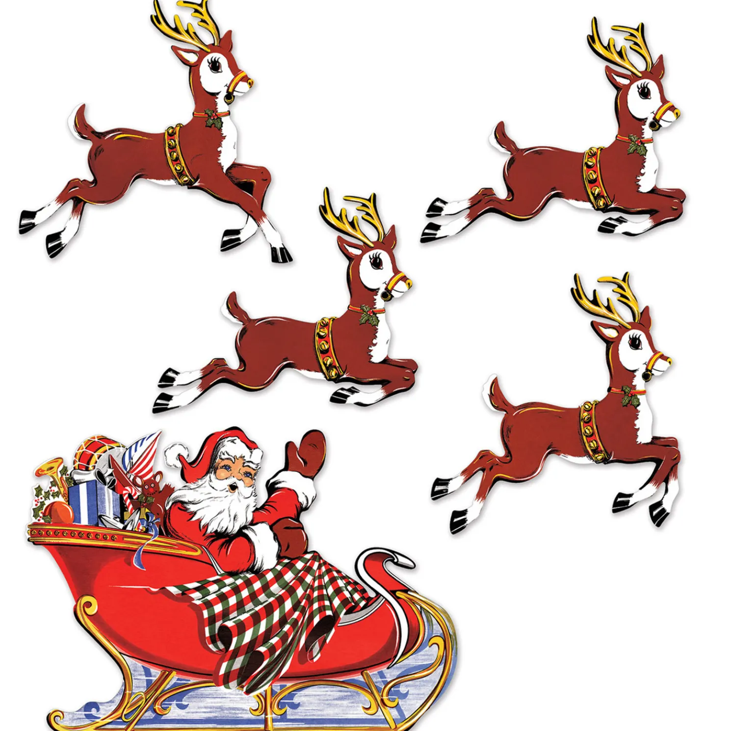 Beistle Vintage Santa and Sleigh with Reindeer Cutouts 20055