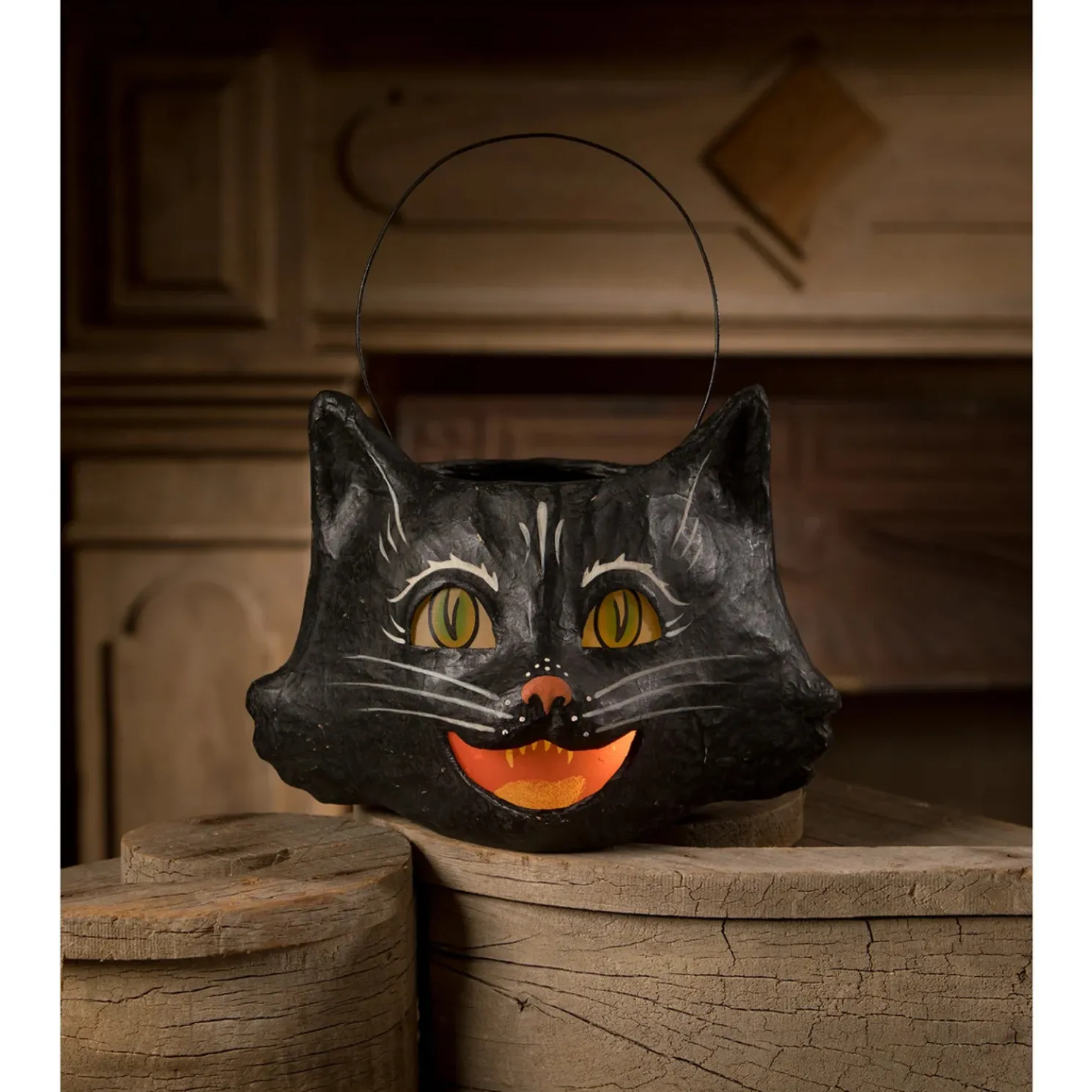 Bethany Lowe 10" Amusing Black Cat Bucket Paper Mache Vintage Halloween Decoration TJ2313
