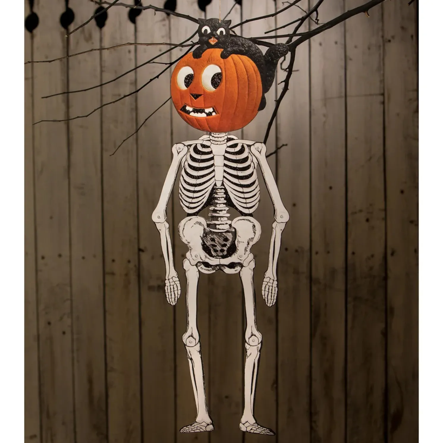 Bethany Lowe 30" Jack & Cat Hanging Posable Skeleton Tin Vintage Halloween Decoration TF3255