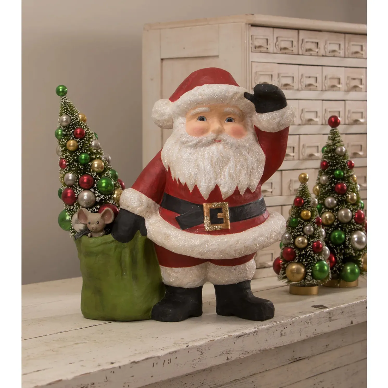 Bethany Lowe 17" Jolly Waving Santa w/ Bag Paper Mache Christmas Figure TJ1311