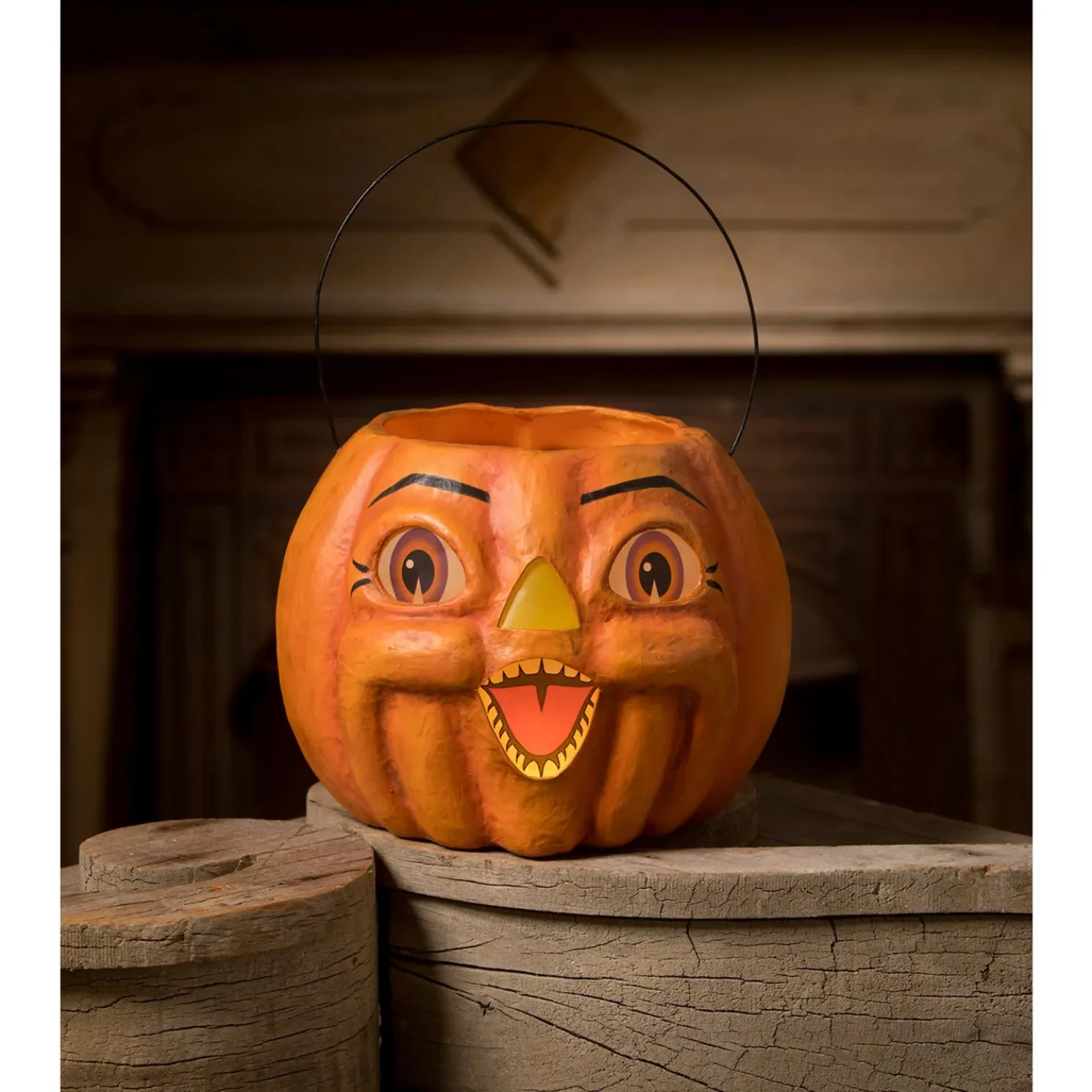 Bethany Lowe 8" Spunky Pumpkin Bucket Paper Mache Vintage Halloween Decoration TJ2314