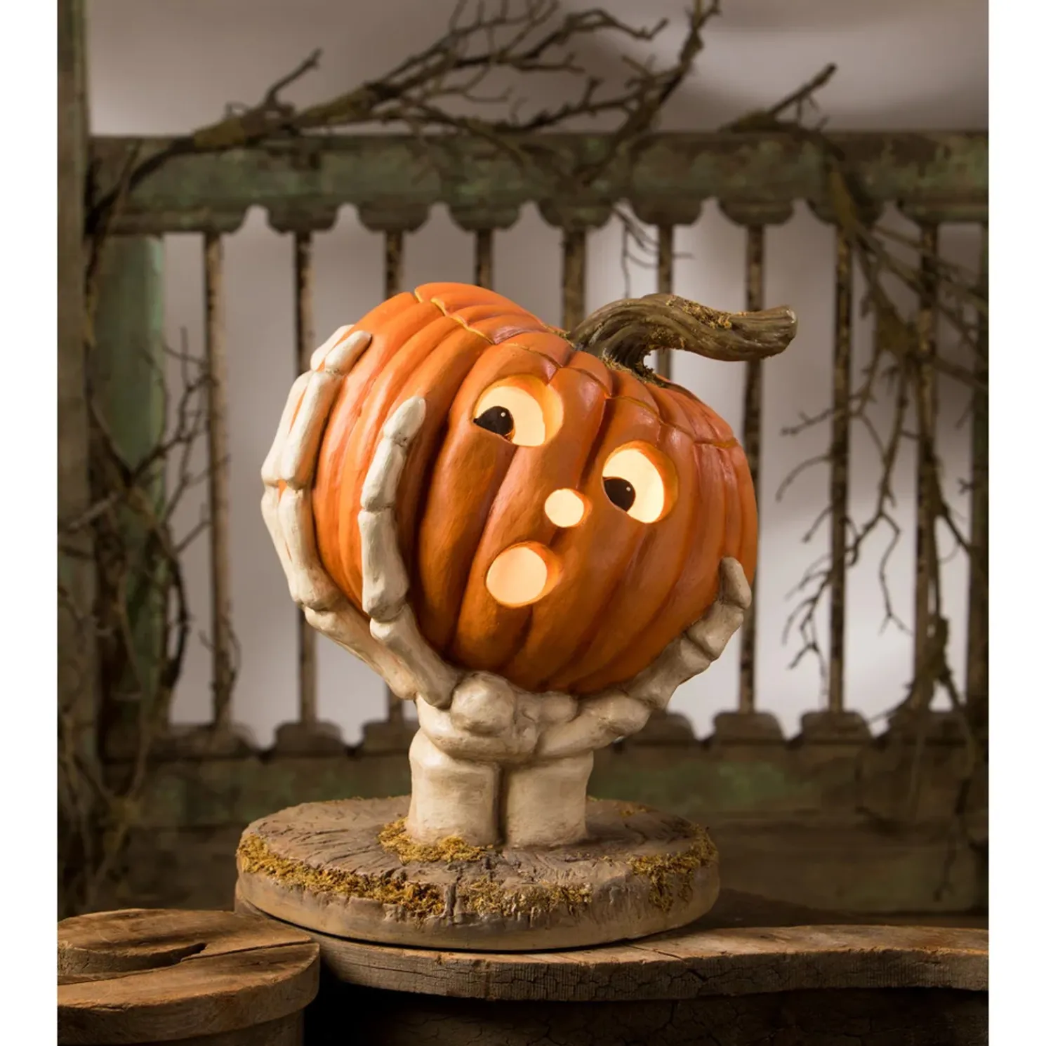 Bethany Lowe 12.25" Ut-Oh Gotcha Pumpkin With Skeleton Hand Halloween Decoration TD3143