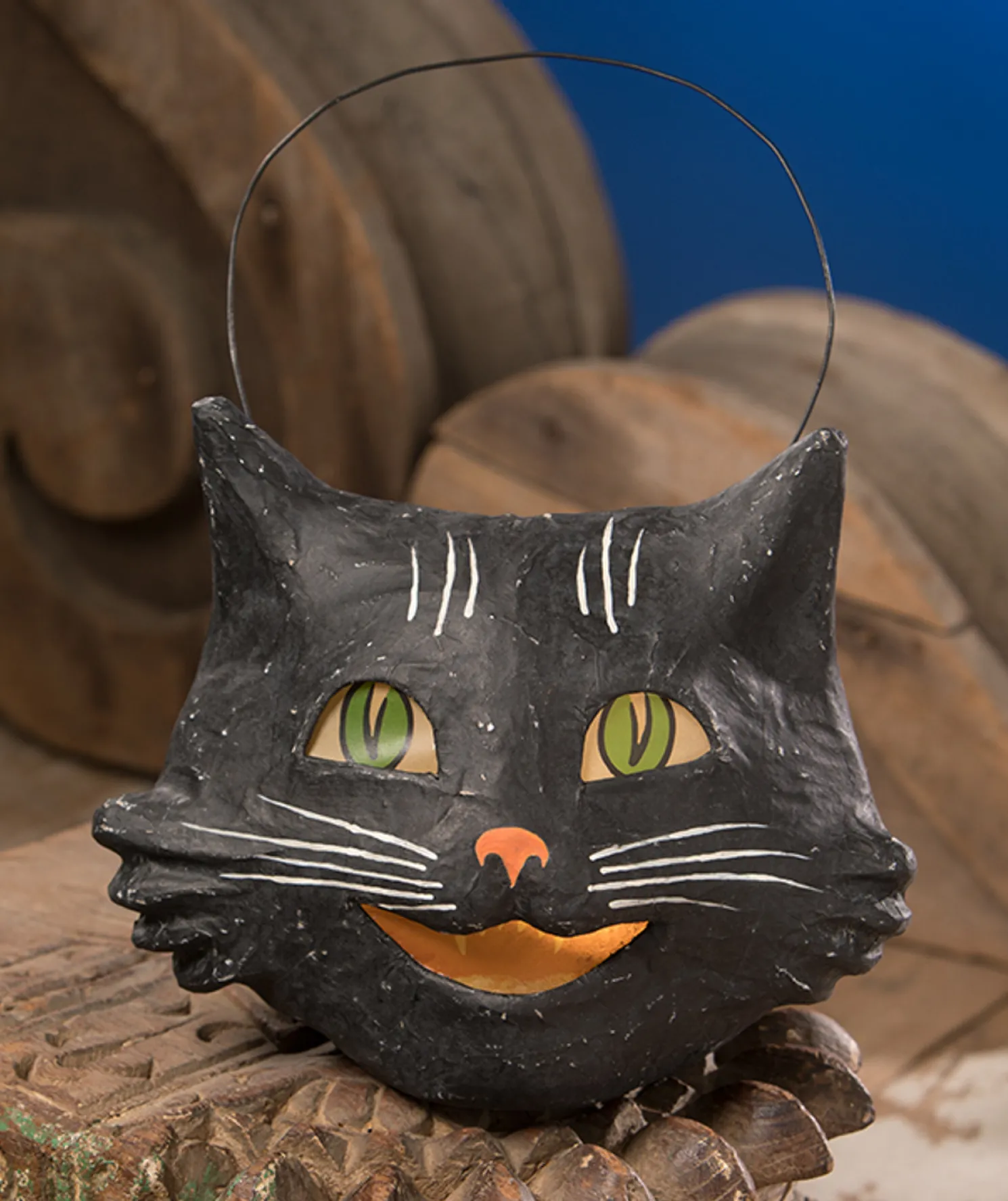 Bethany Lowe 8" Vintage Happy Black Cat Halloween Candy Bucket TJ8661