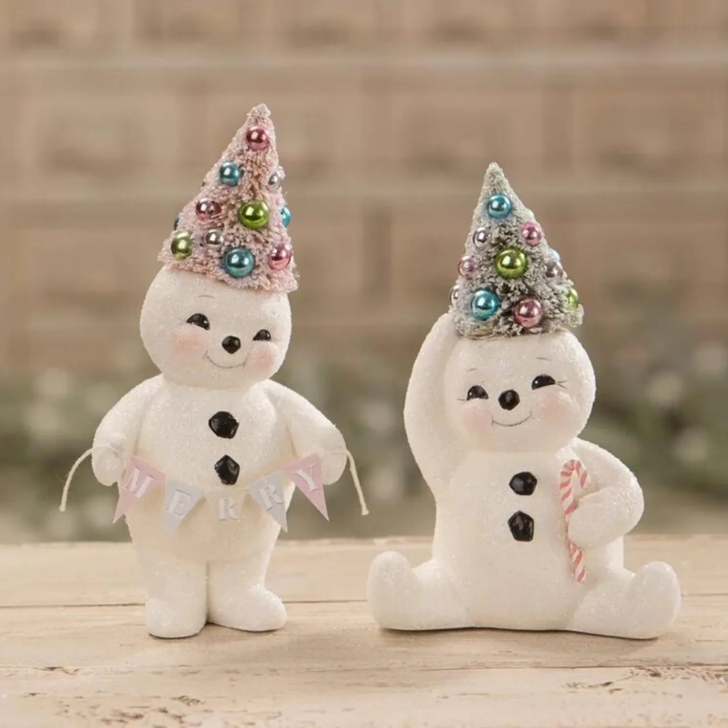 Bethany Lowe Set of 2 Pastel Snowmen Christmas Figures