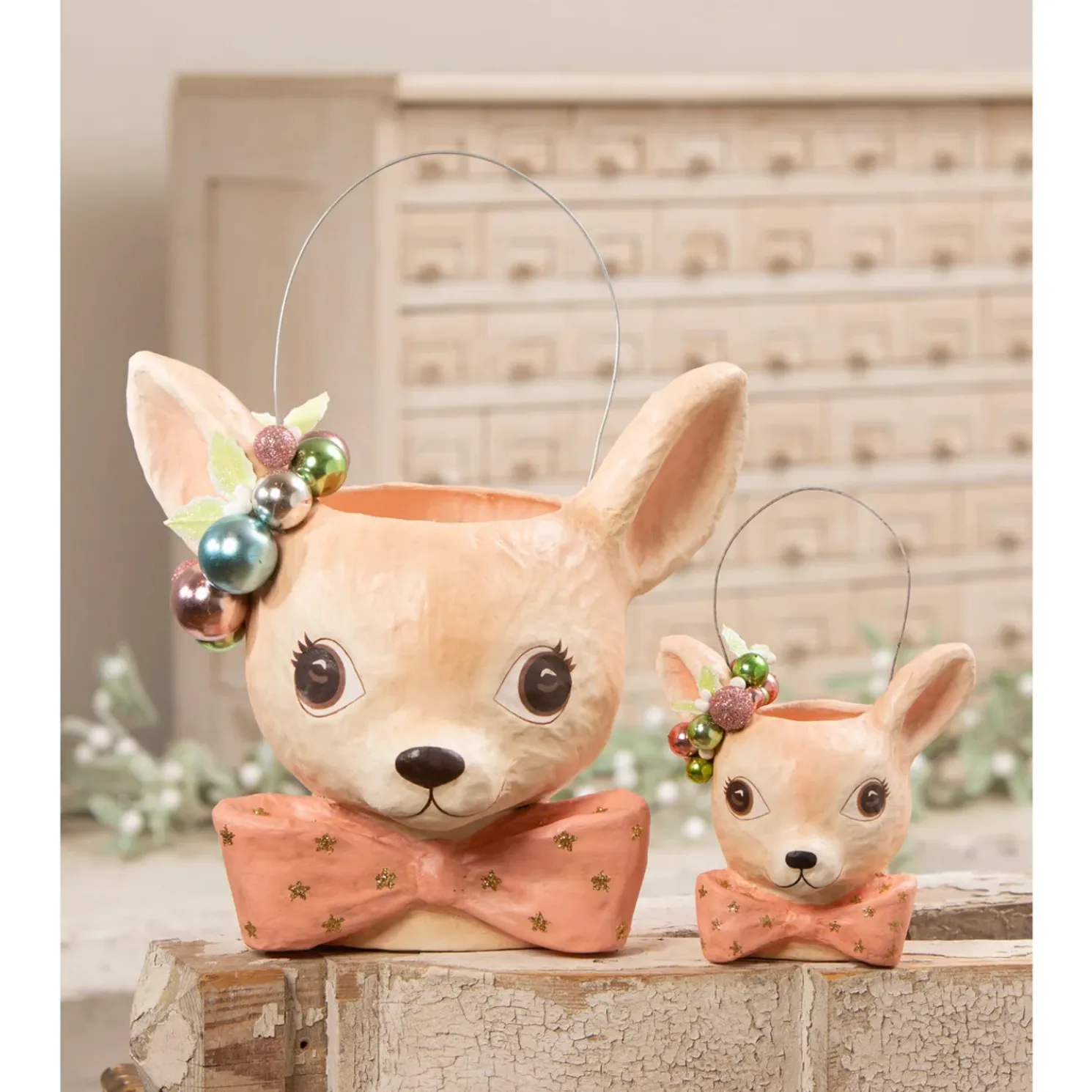 Bethany Lowe Small or Large Pink Pastel Fawnie Bucket Vintage Christmas Decor