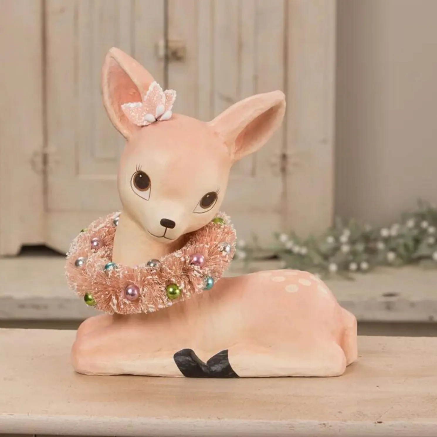 Bethany Lowe Sweet Pastel Pink Fawn with Wreath Paper Mache Christmas Decoration TJ1320