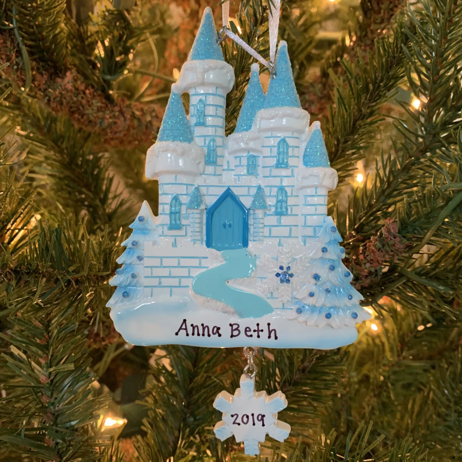 Blue and White Ice Castle Personalized Christmas Ornament OR1462
