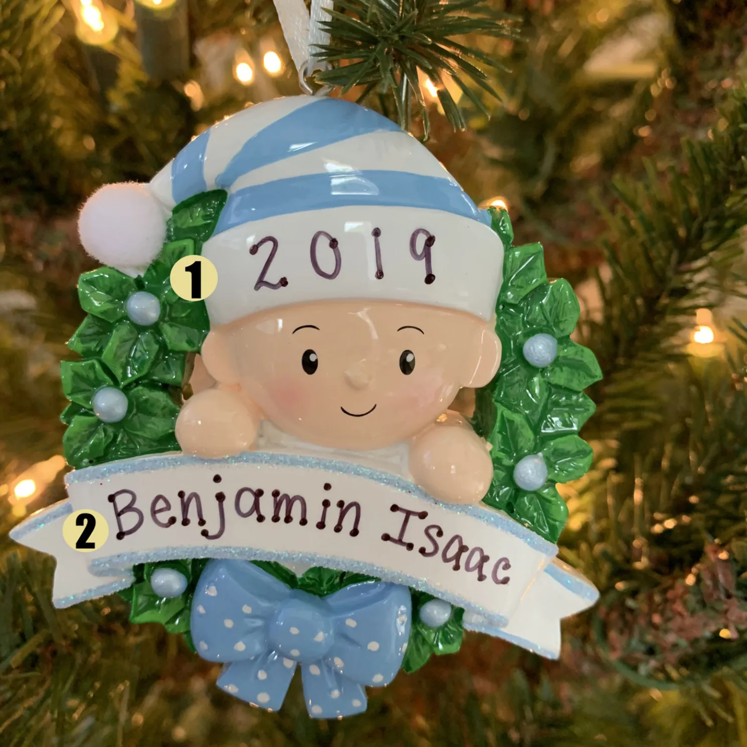Blue Baby Boy in Wreath Personalized Christmas Ornament OR1746-B