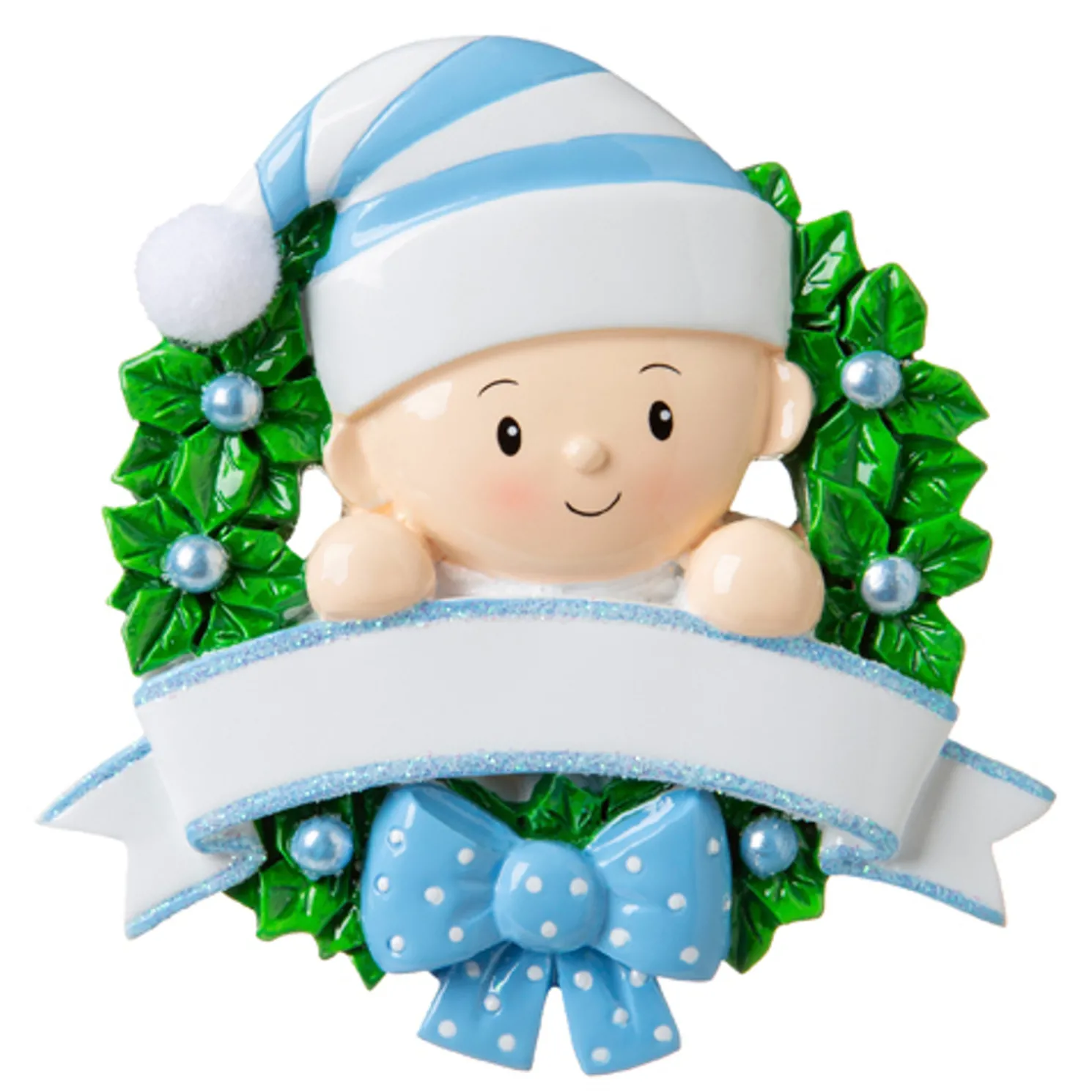 Blue Baby Boy in Wreath Personalized Christmas Ornament OR1746-B
