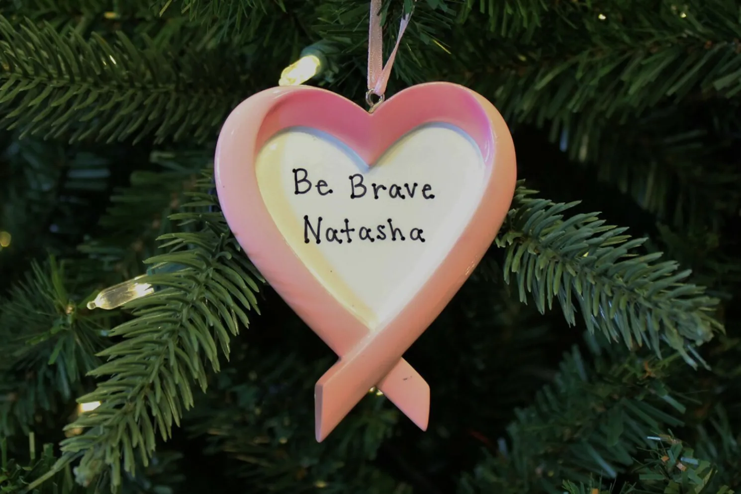 Breast Cancer Ribbon Heart Personalized Christmas Ornament