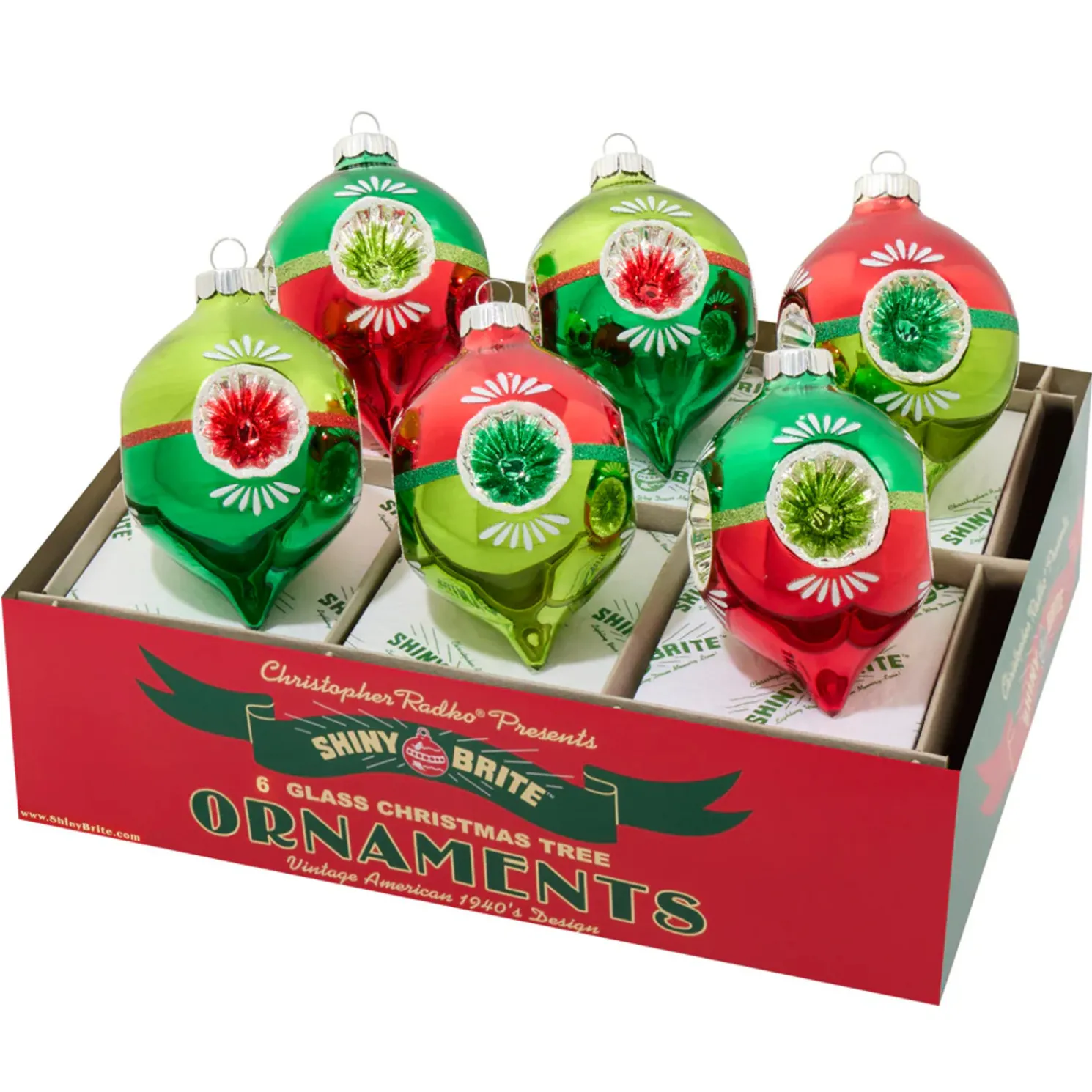 Christopher Radko Shiny Brite Holiday Splendor 6 Count 3.25" Decorated Reflector Tulips Glass Christmas Ornament Set 4028261