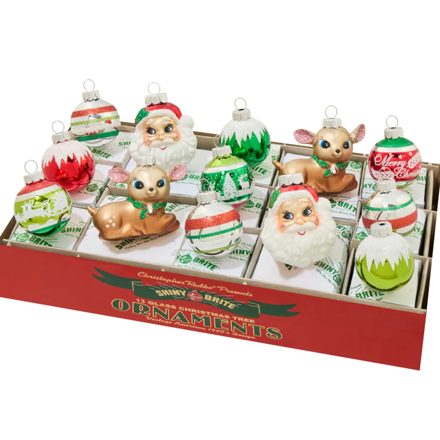 Christopher Radko Shiny Brite Holiday Splendor 13 Count Figures and Decorated Rounds Glass Christmas Ornament Set 4028263