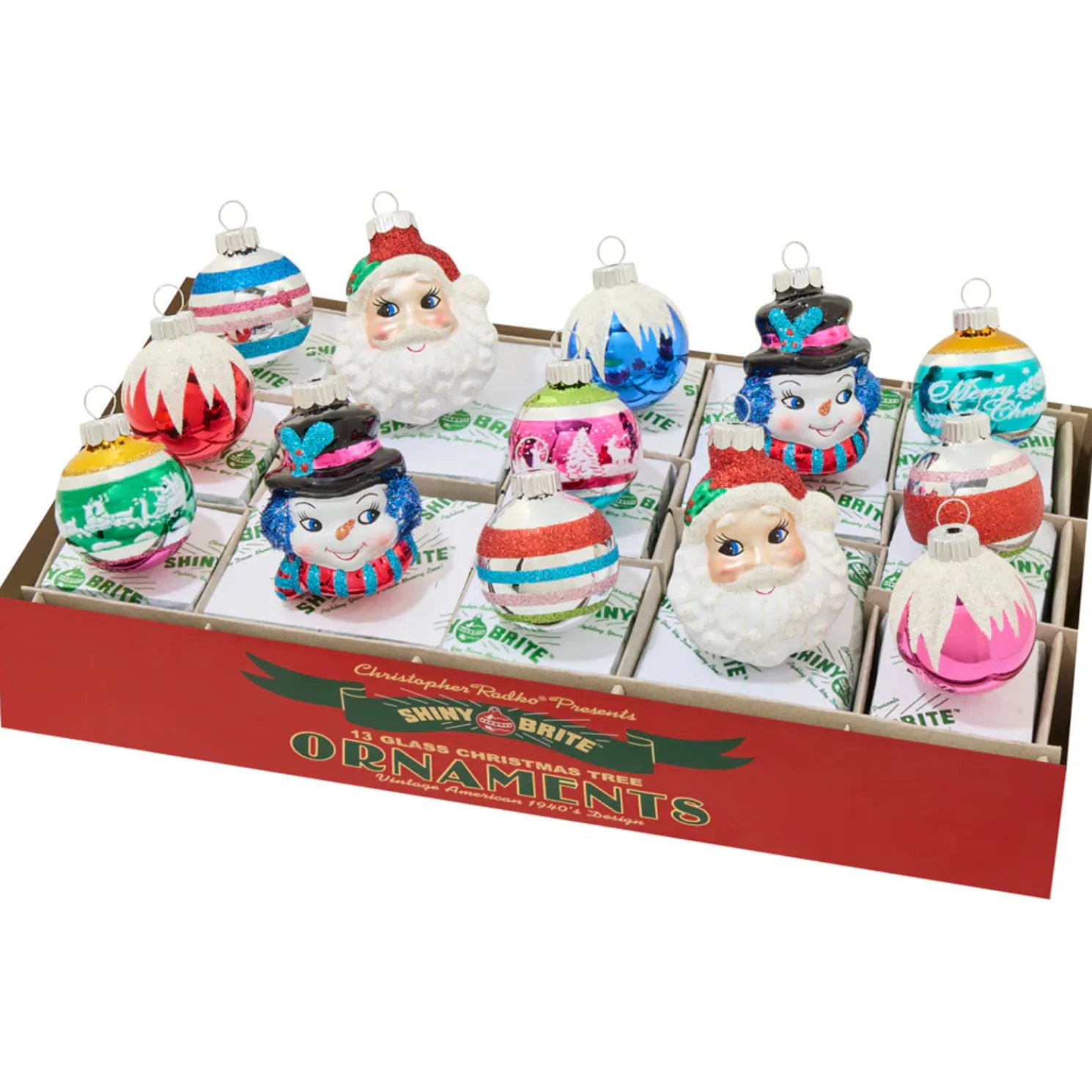 Christopher Radko Shiny Brite Christmas Confetti 13 Count Figures and Decorated Rounds Glass Christmas Ornament Set 4028270