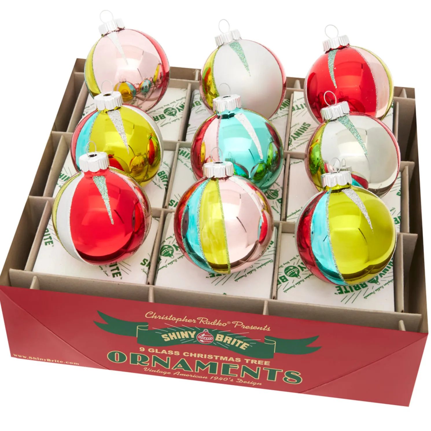 Christopher Radko Shiny Brite Festive Fete 2.5" Round Vintage Inspired Christmas Ornaments 4028174