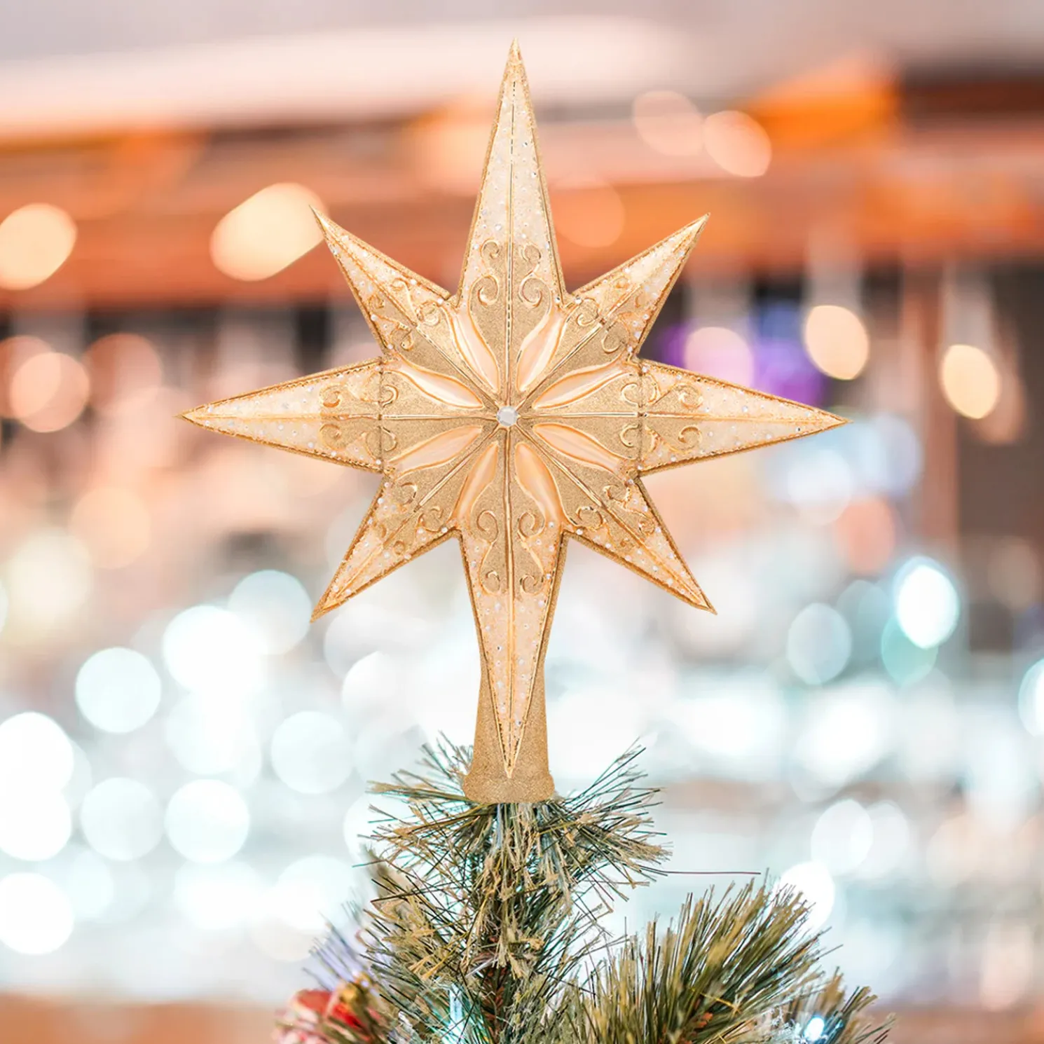 Christopher Radko Champagne Stellar Star Glass Christmas Tree Topper 1017544