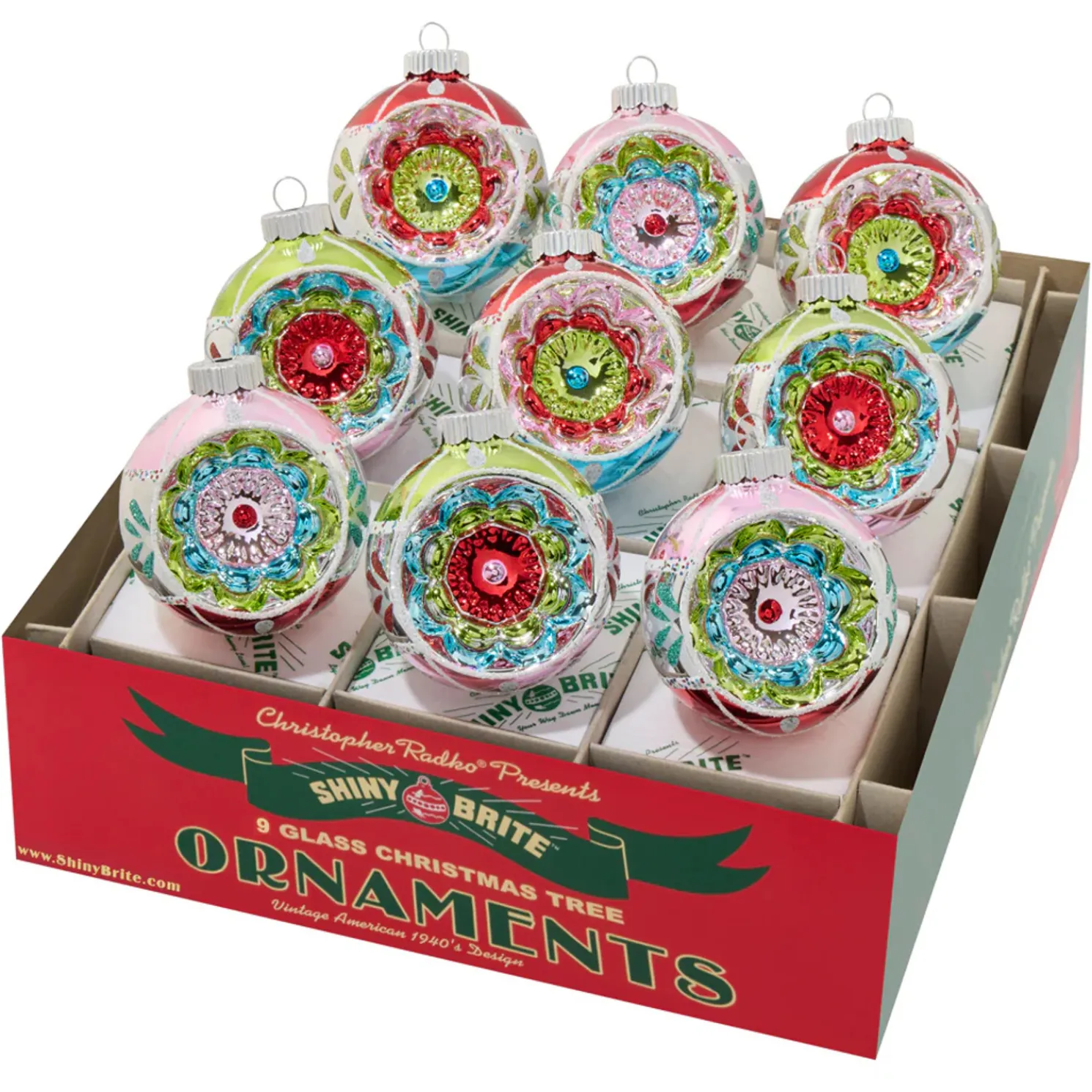Christopher Radko Shiny Brite Festive Fete 9 Count 2.5" Reflector Rounds Glass Christmas Ornament Set 4028272