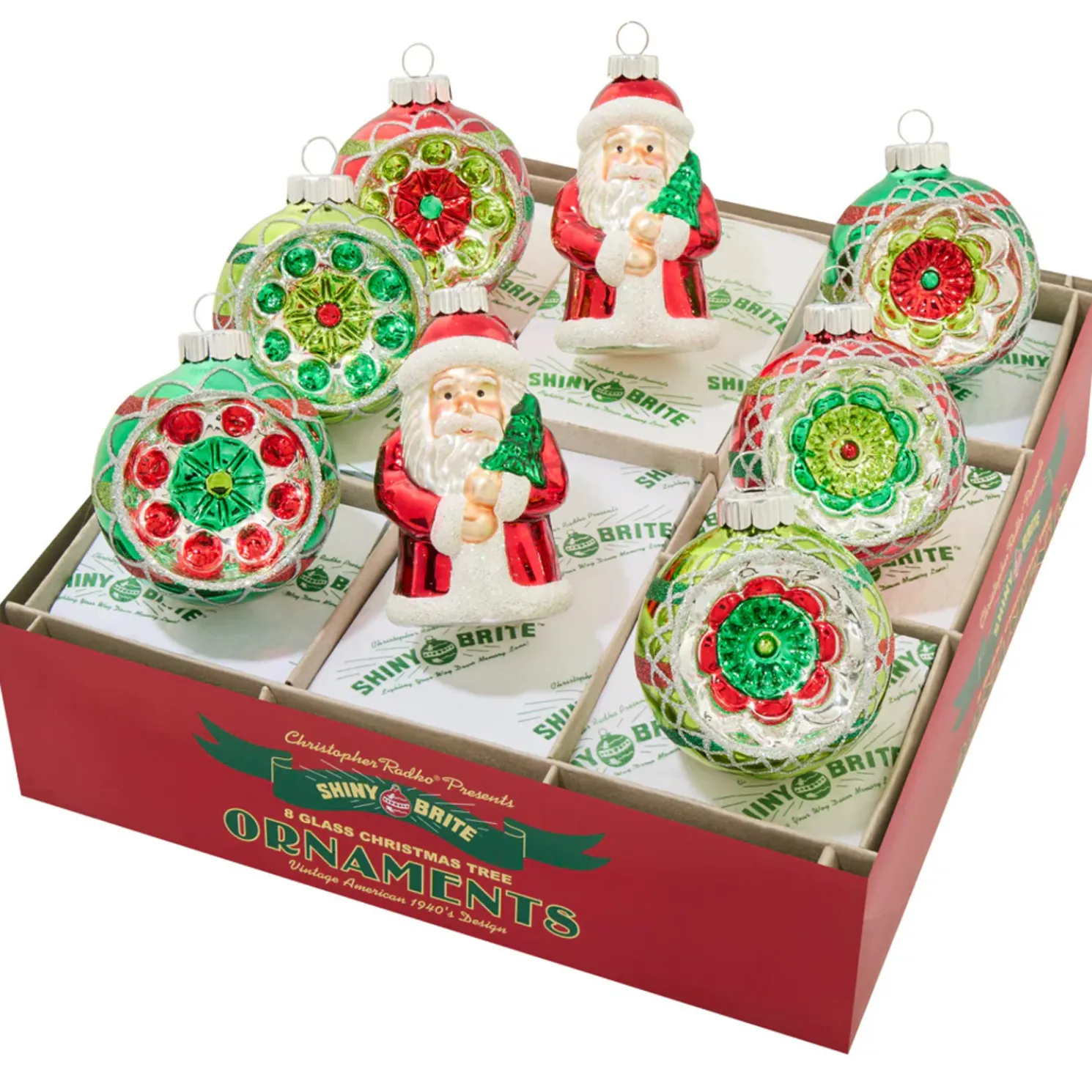 Christopher Radko Shiny Brite Holiday Splendor 8 Count Figures and Reflector Rounds Glass Christmas Ornament Set 4028264