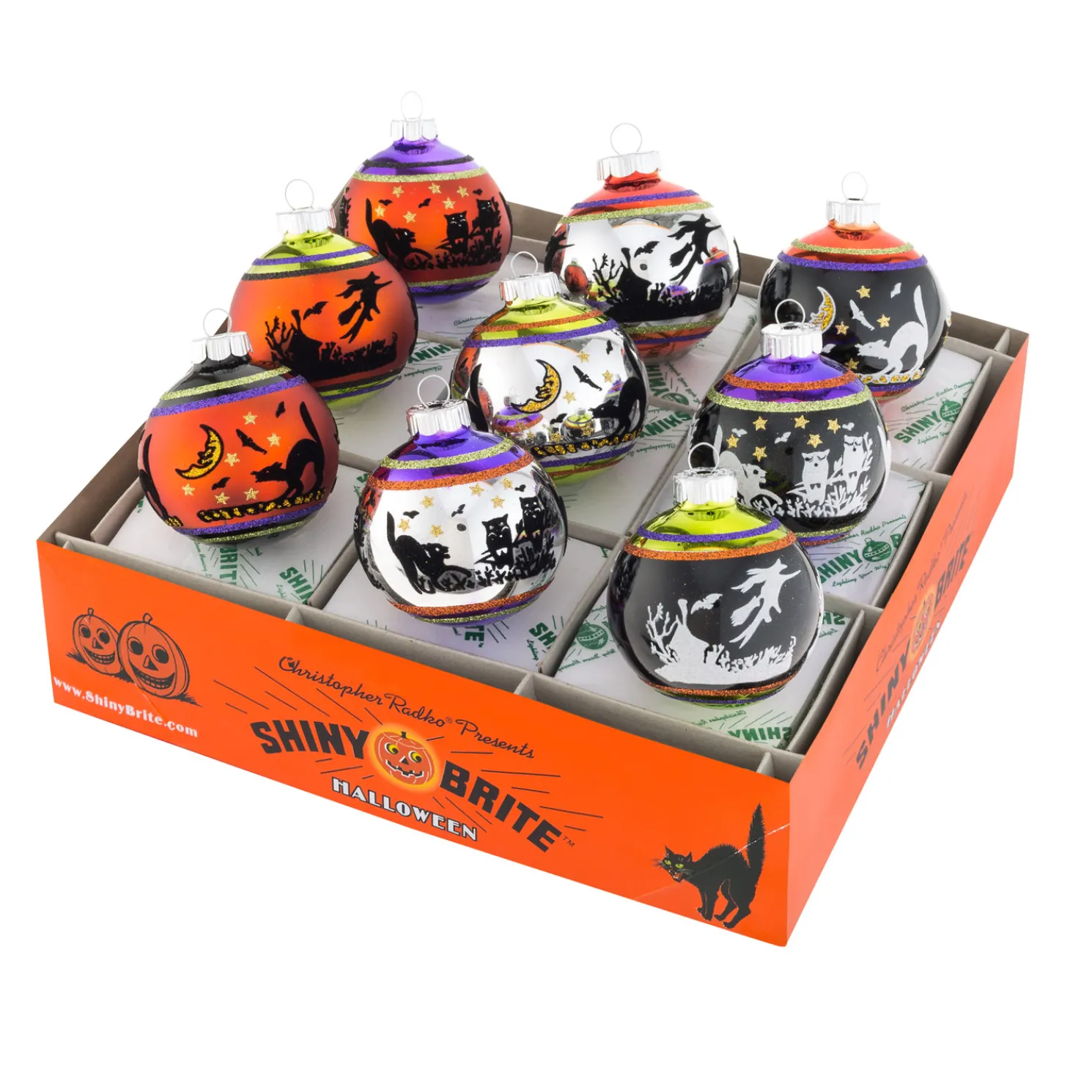 Christopher Radko Shiny Brite 2.5" Signature Flocked Round Halloween Ornaments 4026973