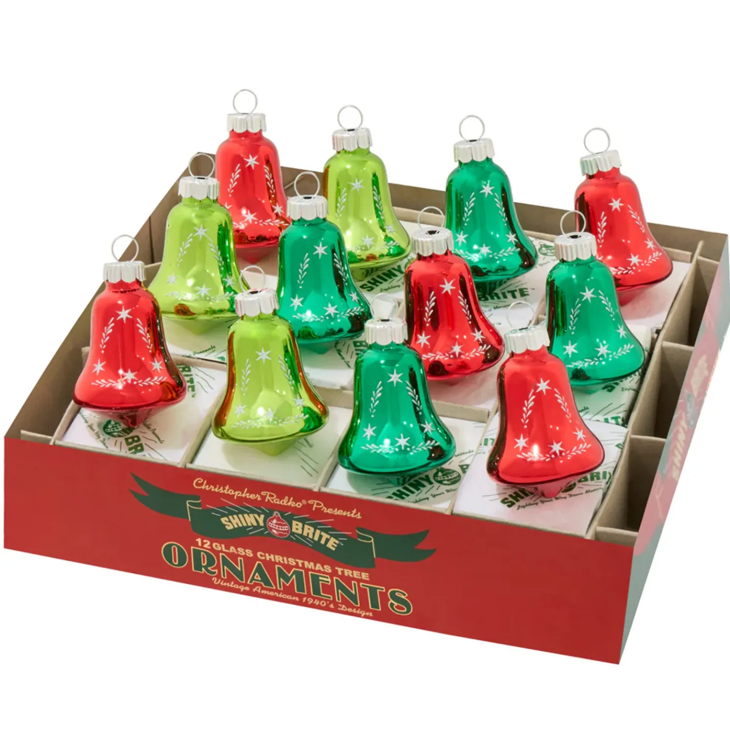 Christopher Radko Shiny Brite Holiday Splendor 12 Count 1.75" Bells Glass Christmas Ornament Set 4028260