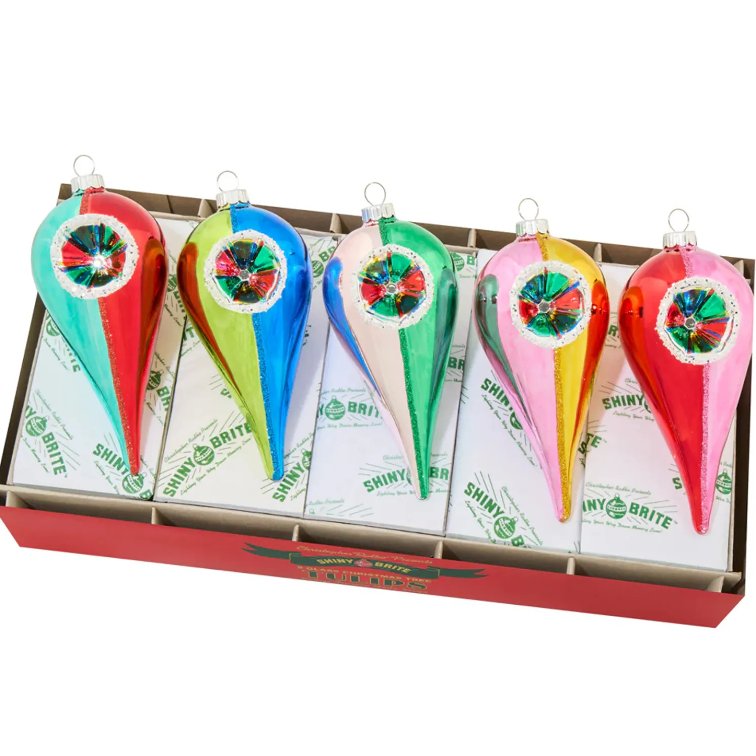Christopher Radko Shiny Brite Christmas Confetti 5 Count 5" Reflector Tulips Glass Christmas Ornament Set 4028266