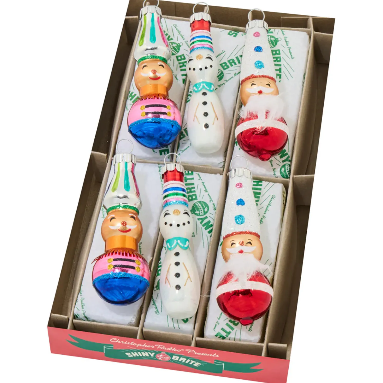 Christopher Radko Shiny Brite Christmas Confetti 6 Count 2.5" Decorated Figures Glass Christmas Ornament Set 4028268