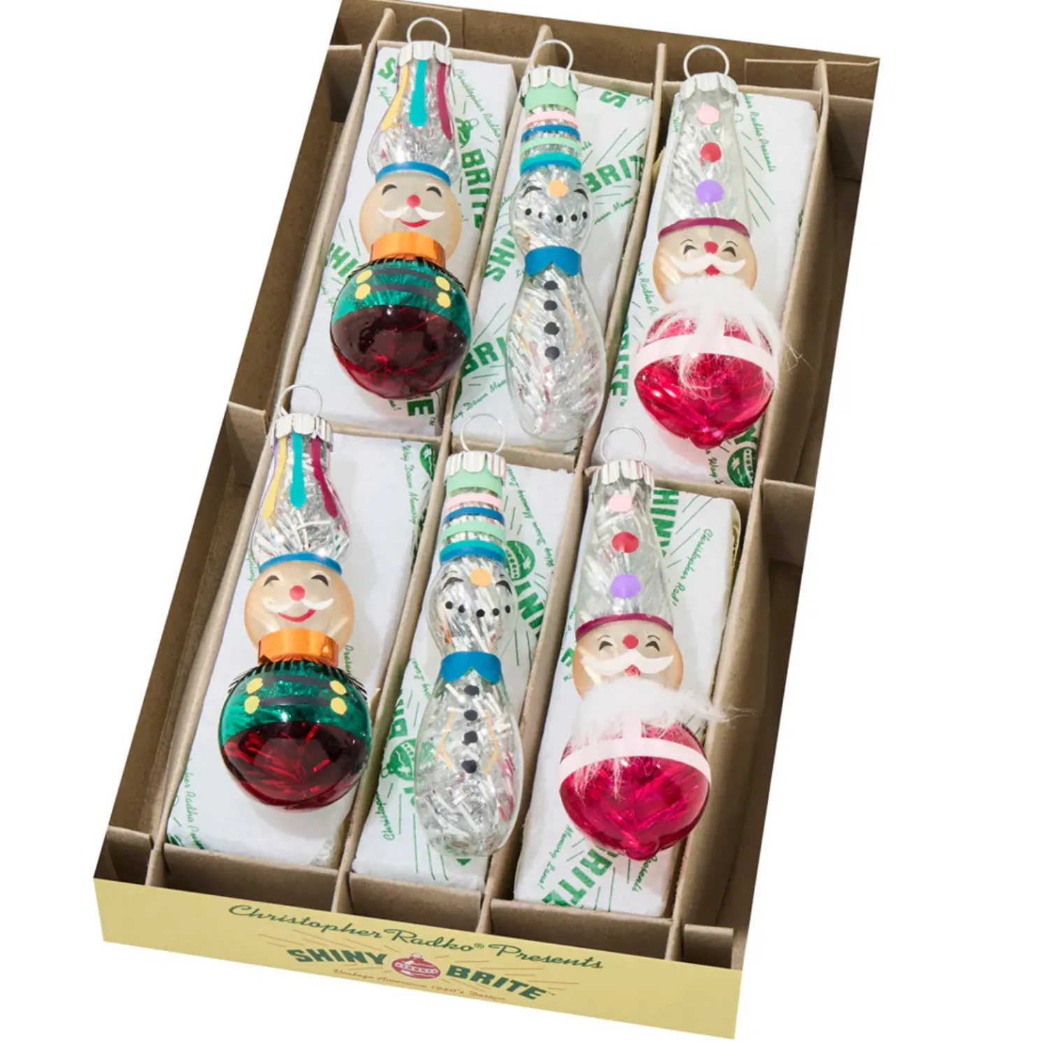 Christopher Radko Shiny Brite Vivid Vintage 6 Count 2.5" Decorated Figures Glass Christmas Ornament Set 4028283