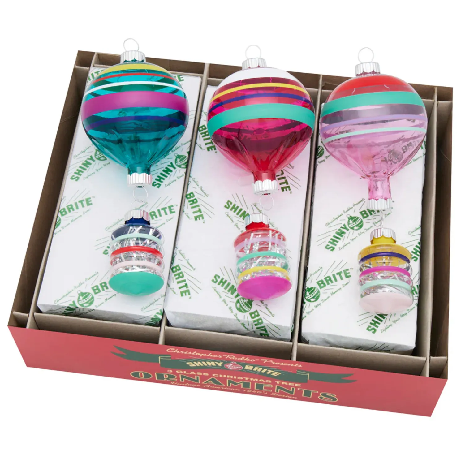 Christopher Radko Shiny Brite Vivid Vintage 3 Count 5" Shapes Glass Christmas Ornament Set 4028254