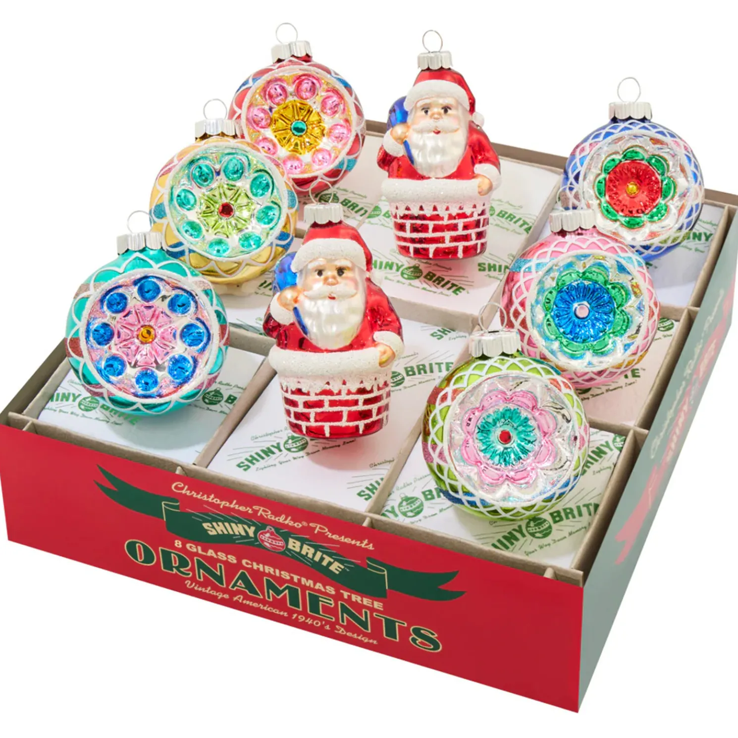 Christopher Radko Shiny Brite Christmas Confetti 8 Count Figures and Reflector Rounds Glass Christmas Ornament Set 4028269