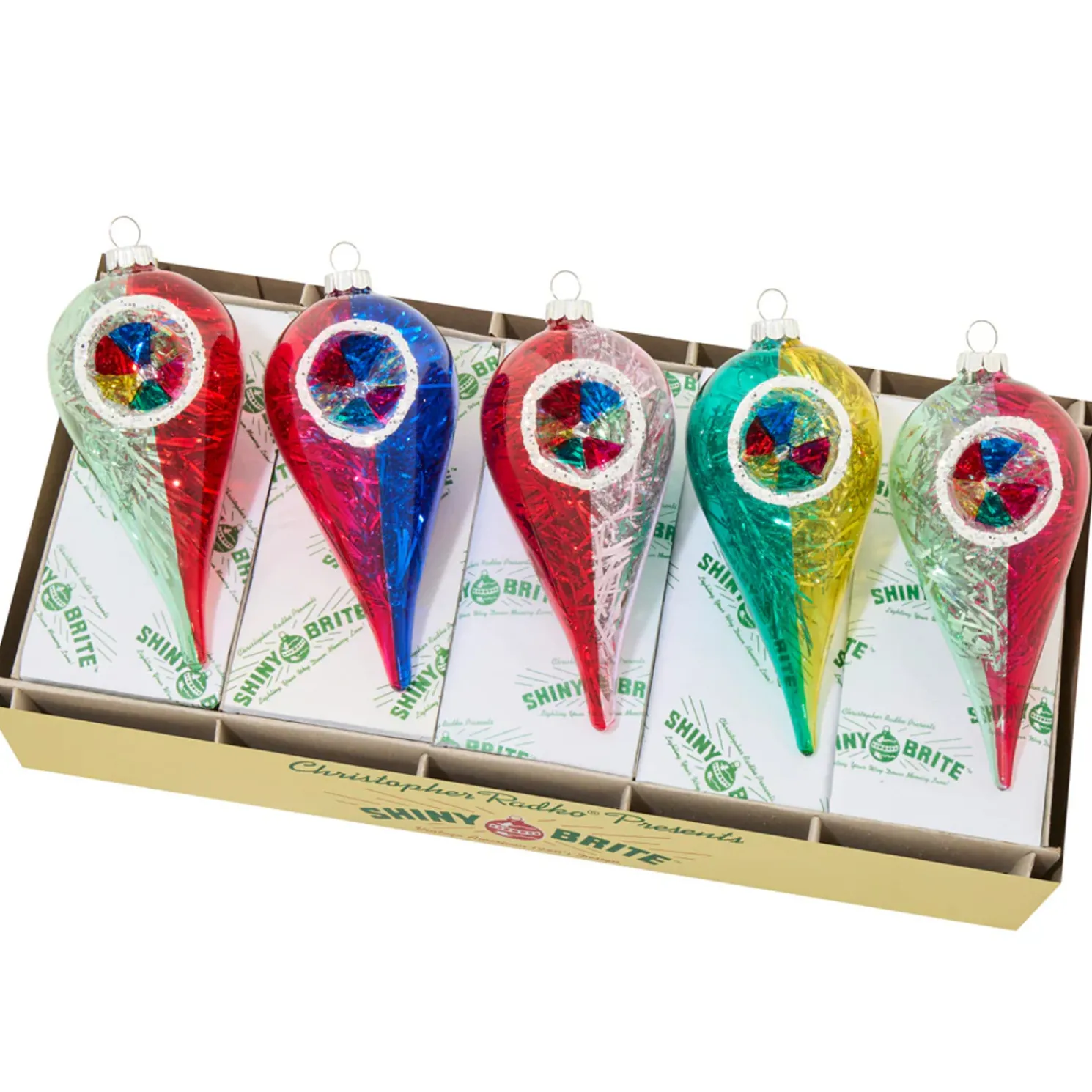 Christopher Radko Shiny Brite Vivid Vintage 5 Count 5" Reflector Tulips Glass Christmas Ornament Set 4028282