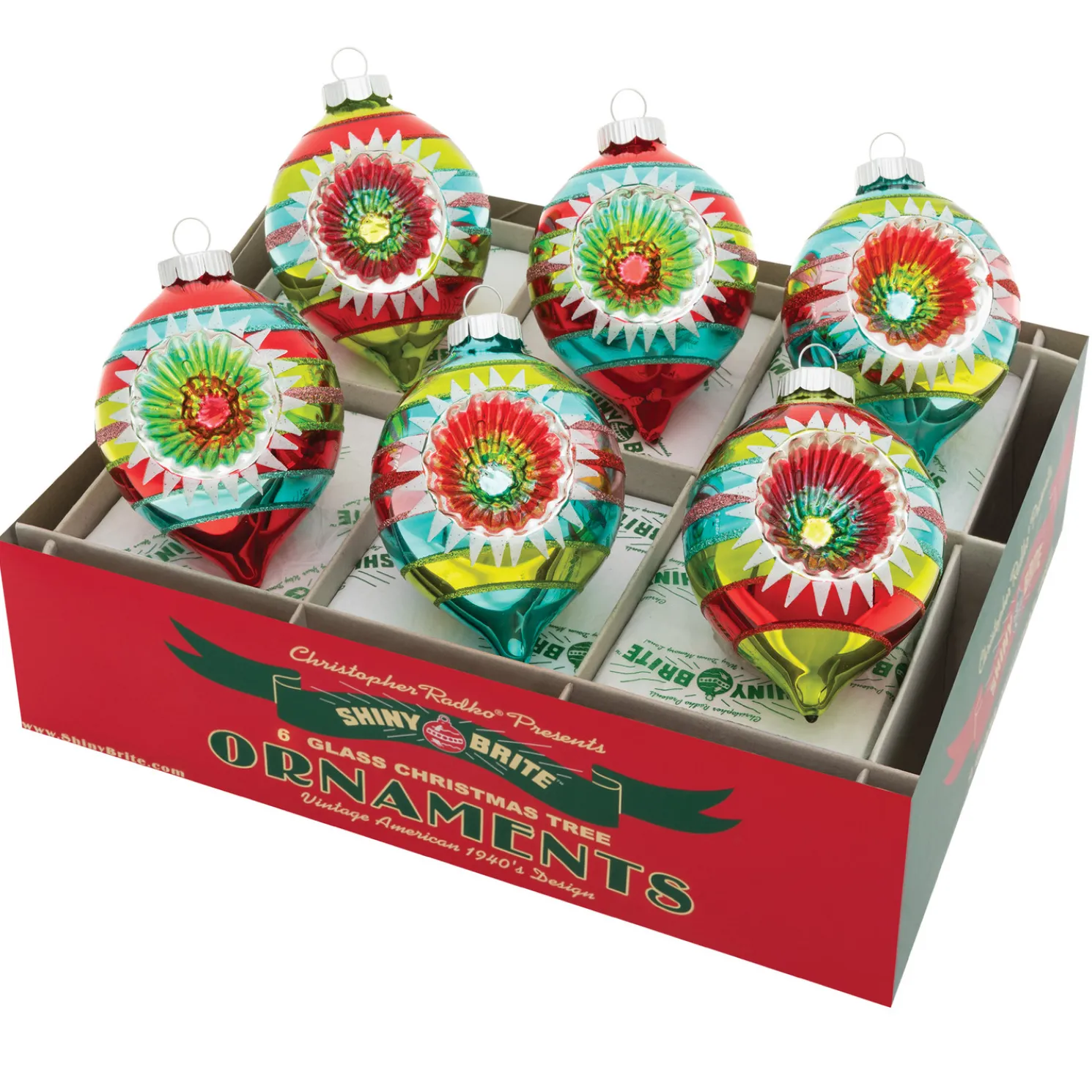 Christopher Radko Shiny Brite Festive Fete 3.25" Decorated Reflector Tulip Christmas Ornaments 4027885
