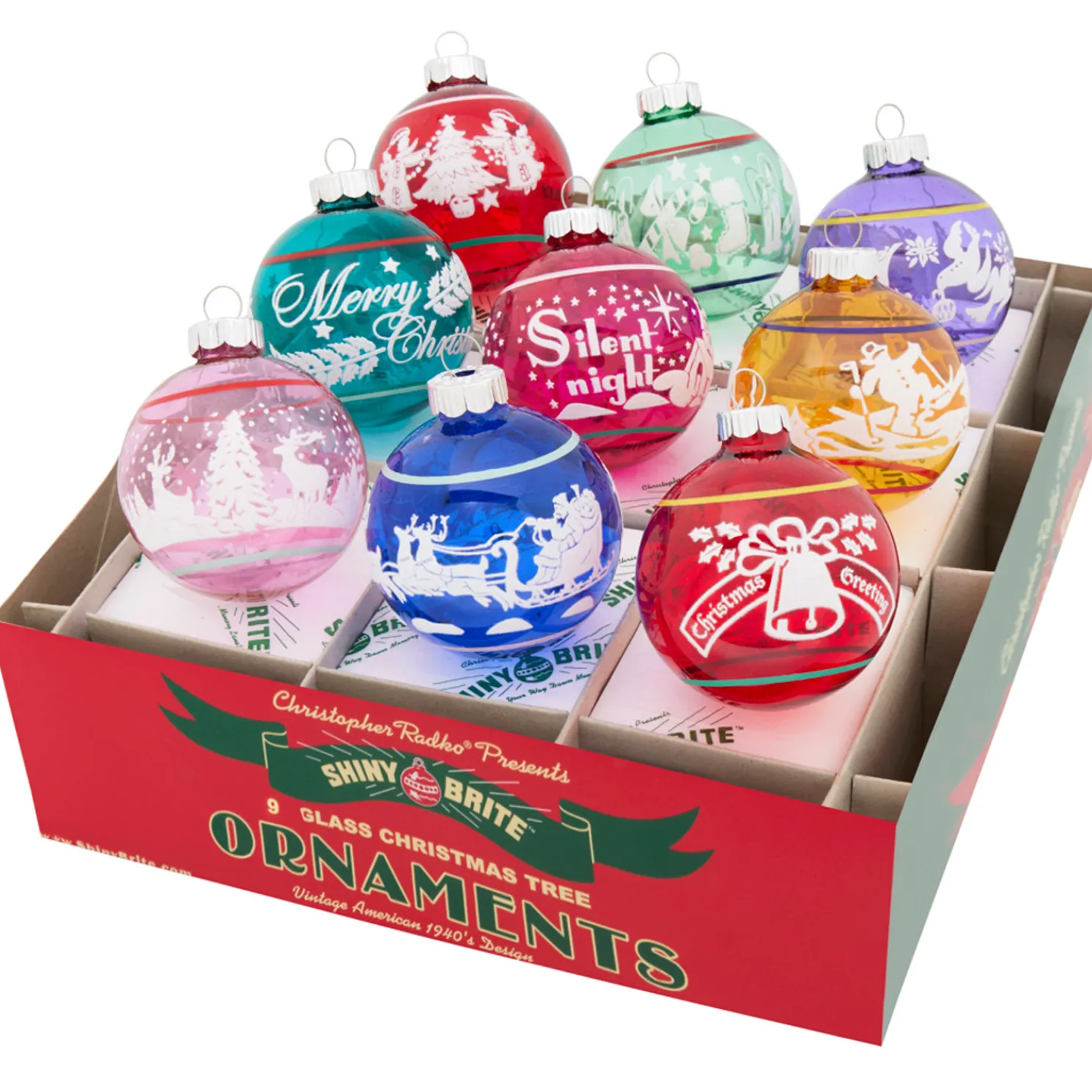 Christopher Radko Shiny Brite Vivid Vintage 2.5" Signature Flocked Round Christmas Ornaments 4028248