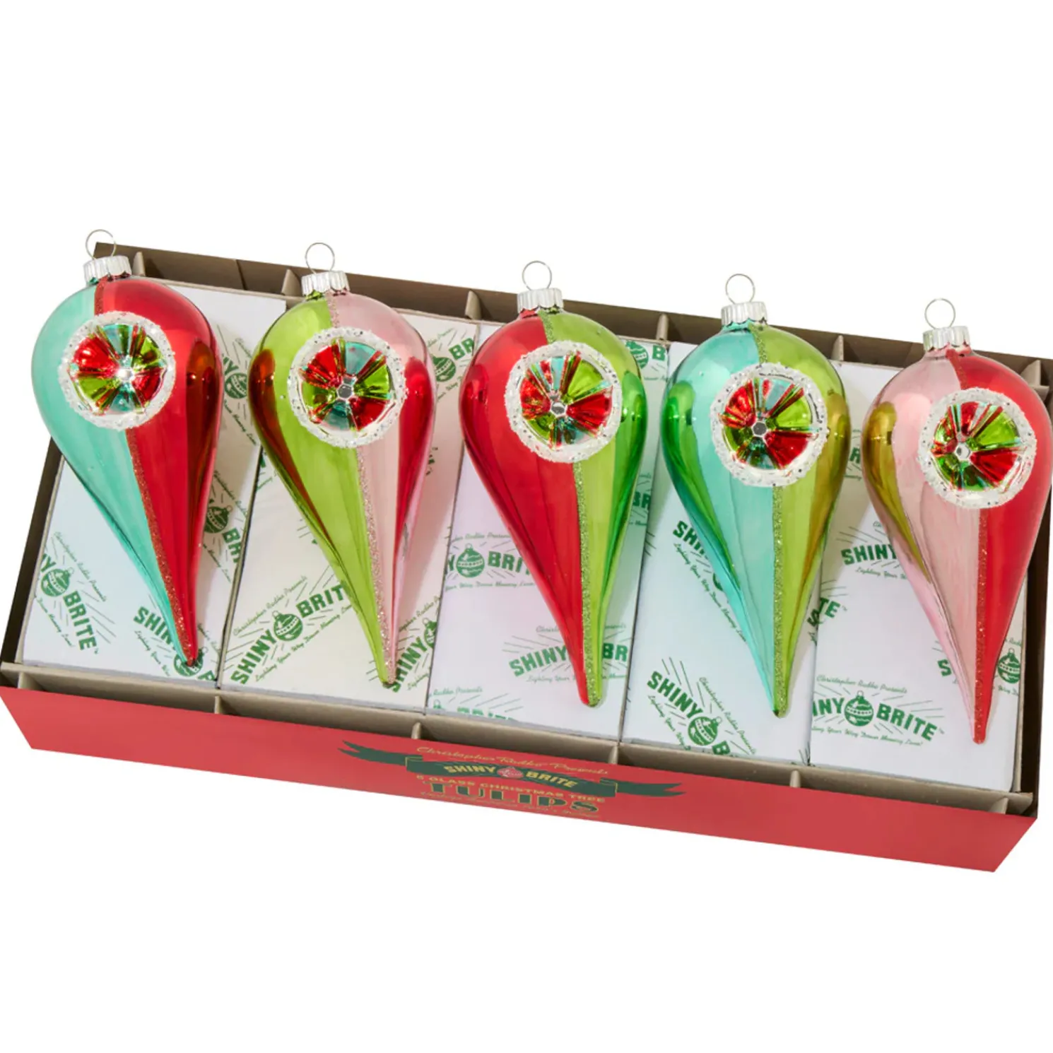 Christopher Radko Shiny Brite Festive Fete 5 Count 5" Reflector Tulips Glass Christmas Ornament Set 4028276