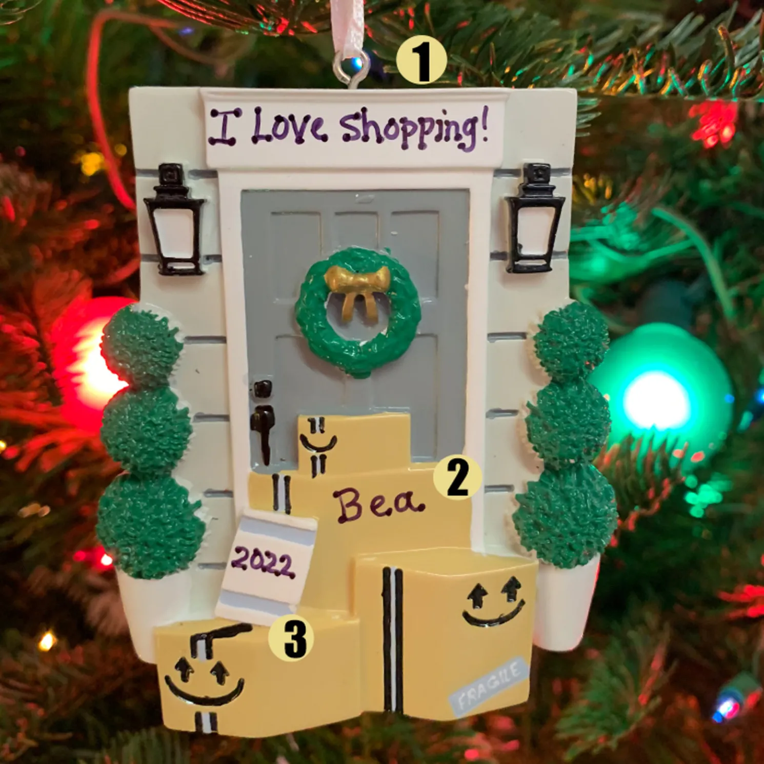 Door with Wreath and Packages Personalized Christmas Ornament OR2299