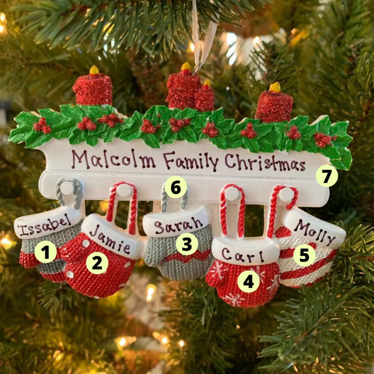 Family Personalized Christmas Ornament with 5 Mittens