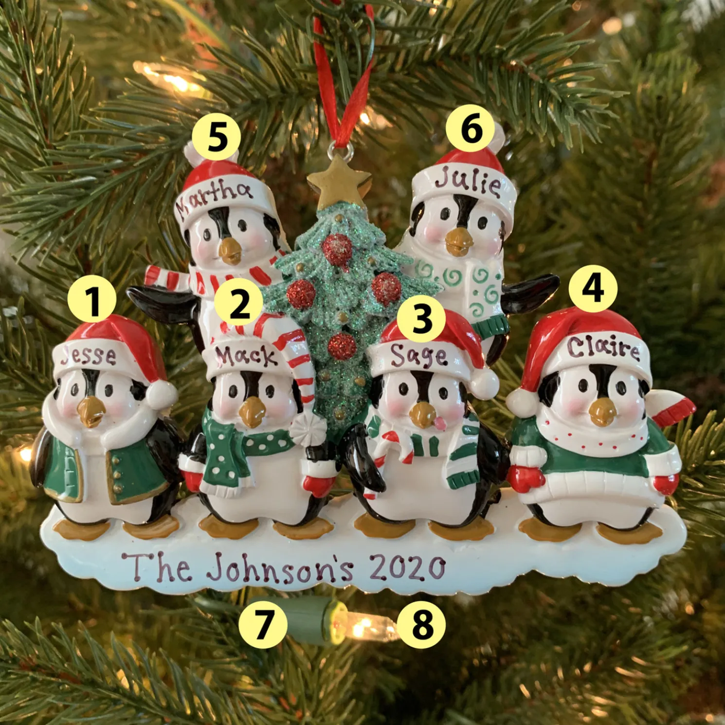 Family Personalized Christmas Ornament with 6 Penguins