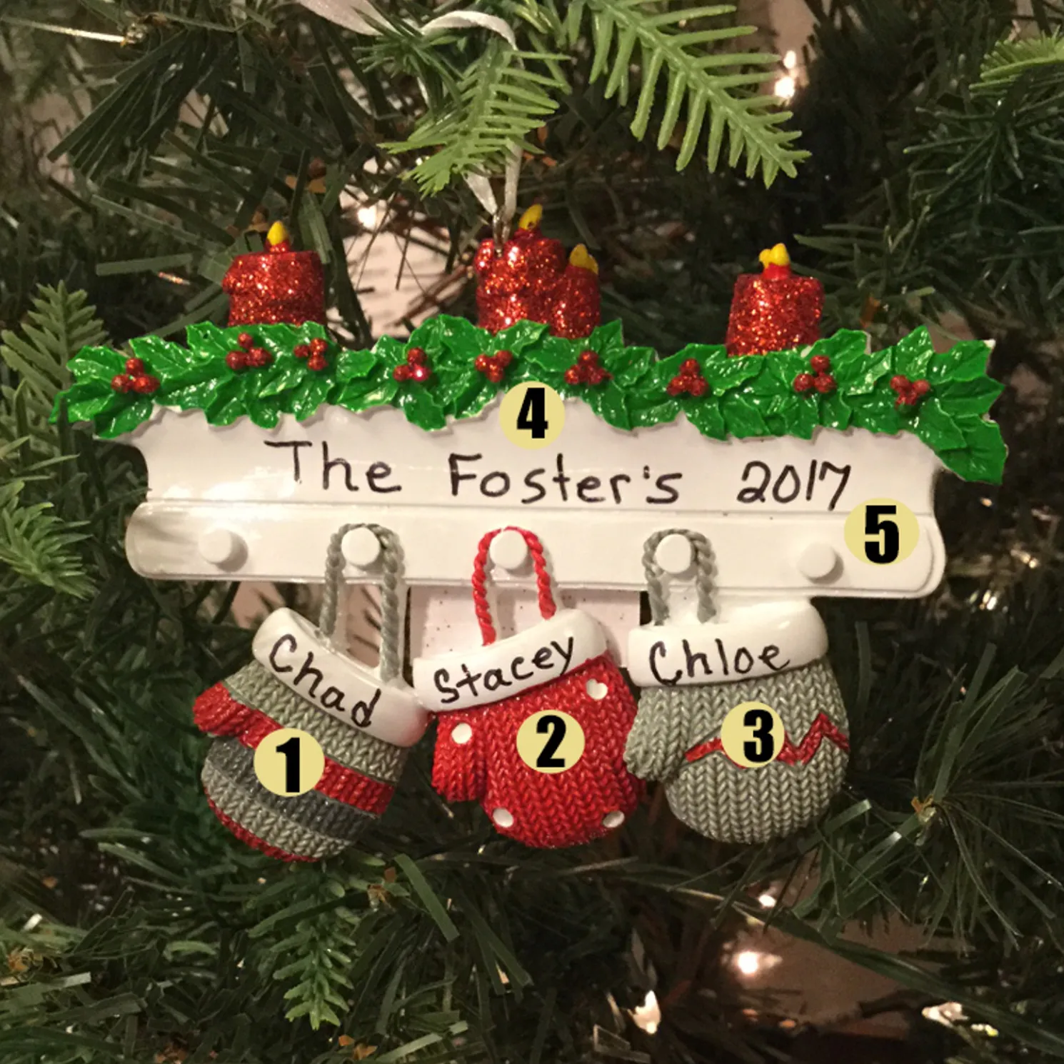 Family Personalized Christmas Ornament with 3 Mittens