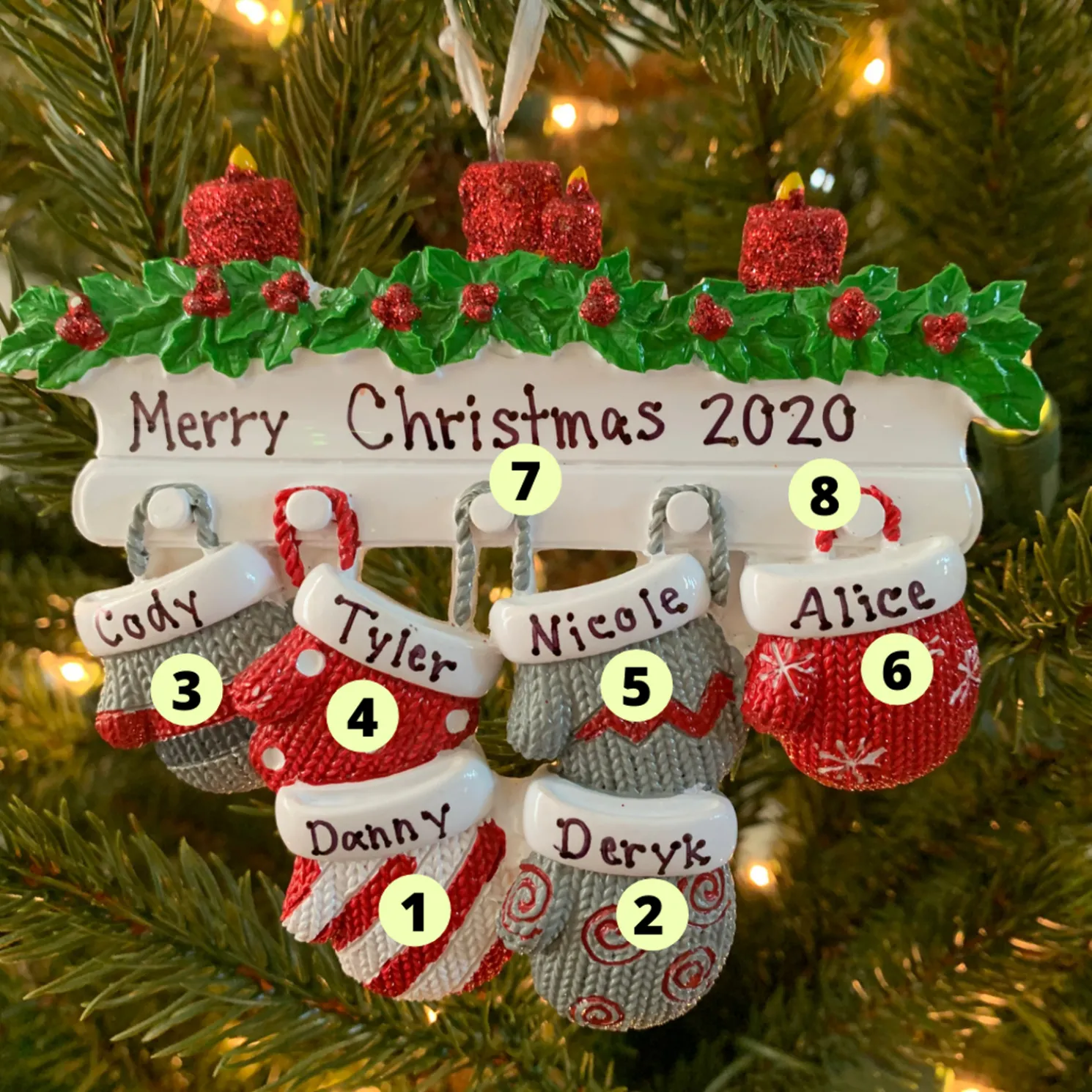 Family Personalized Christmas Ornament with 6 Mittens